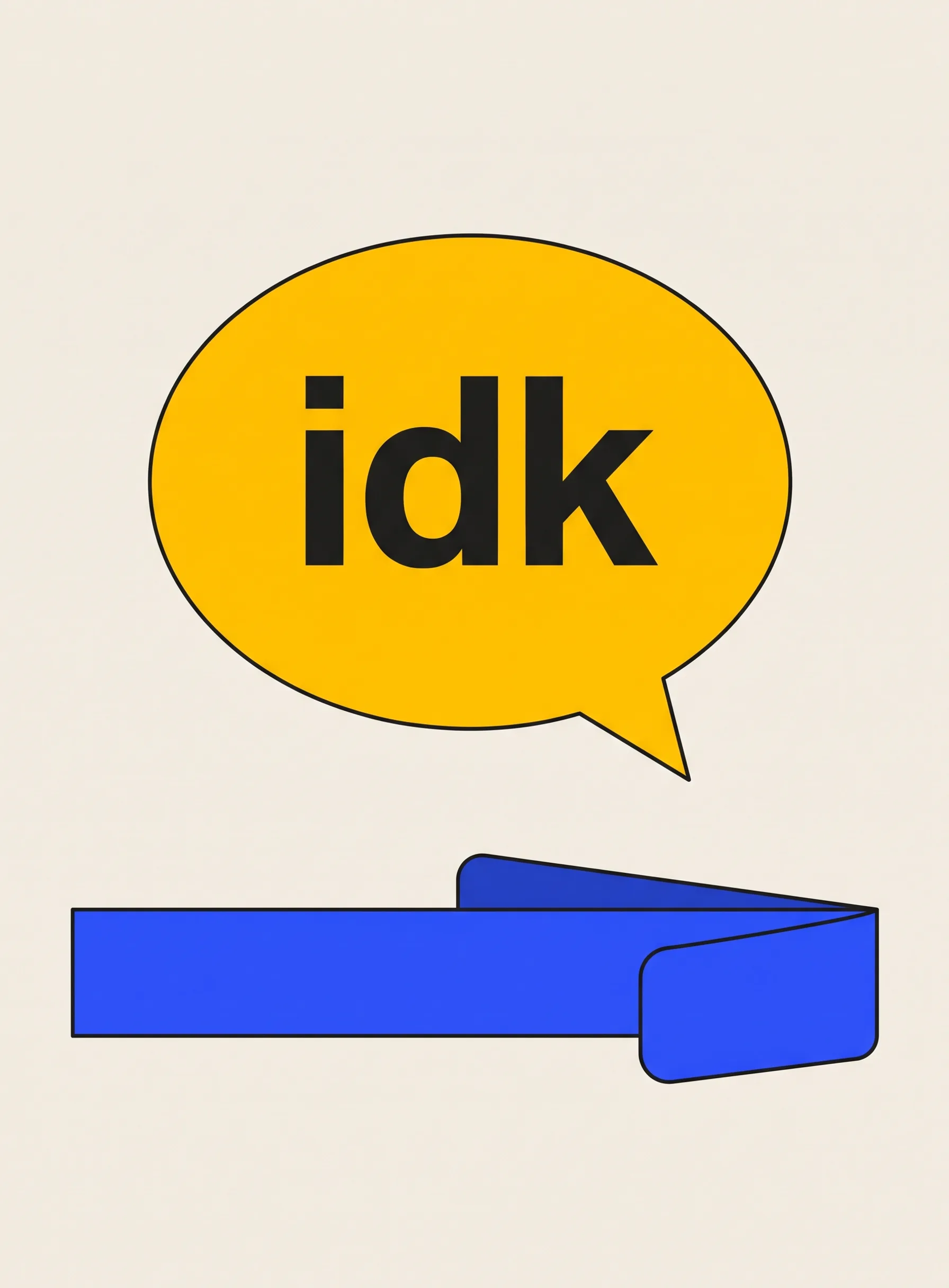 Illustration of a yellow speech bubble with a thin black outline floating on a cream background, containing the lowercase letters idk in bold black, with a long cobalt blue bar below it folded back on itself at one end