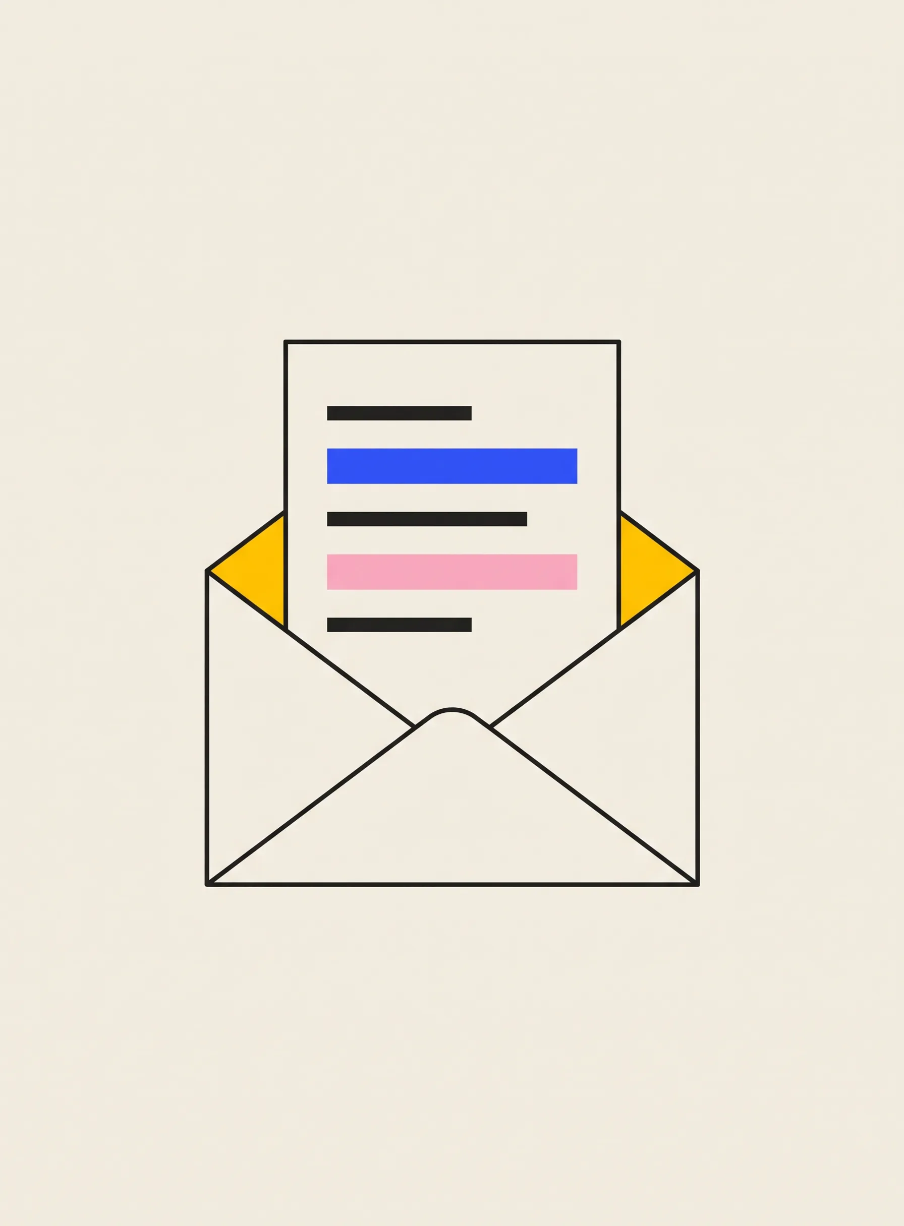 Illustration of an open envelope in thin black outline with yellow inner flaps on a cream background, a sheet of paper rising from it carrying five stacked bars, two of them thicker and longer in cobalt blue and pink