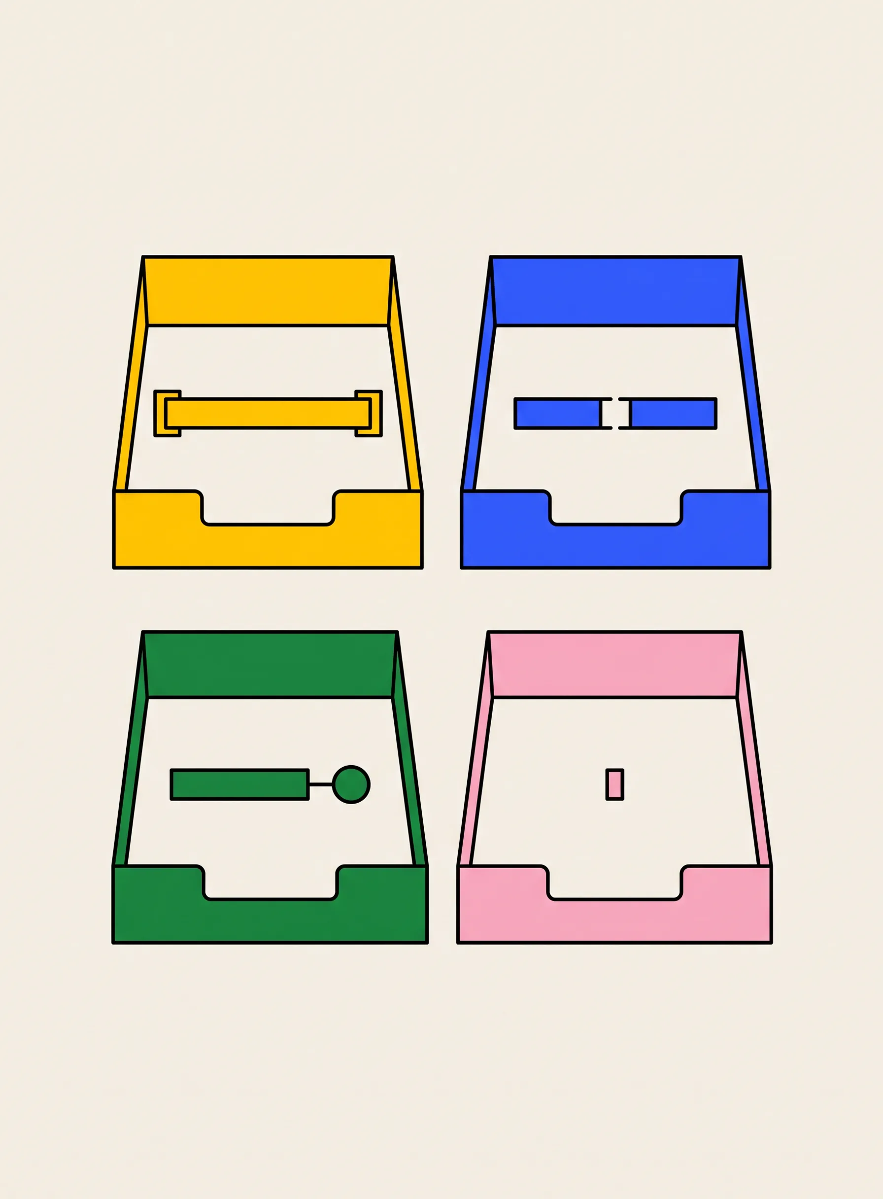 Illustration of four open sorting trays in yellow, cobalt blue, green and pink arranged in a two-by-two grid on a cream background, each holding a single bar cut short in a different way