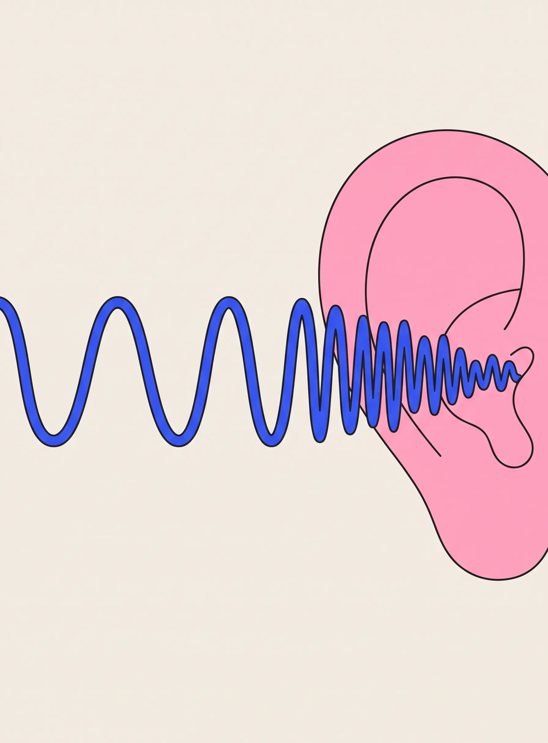 Illustration of a large flat pink ear on the right of a cream background, with a cobalt blue sound line entering from the left that starts as wide even waves and compresses into a tight dense squiggle before reaching the ear