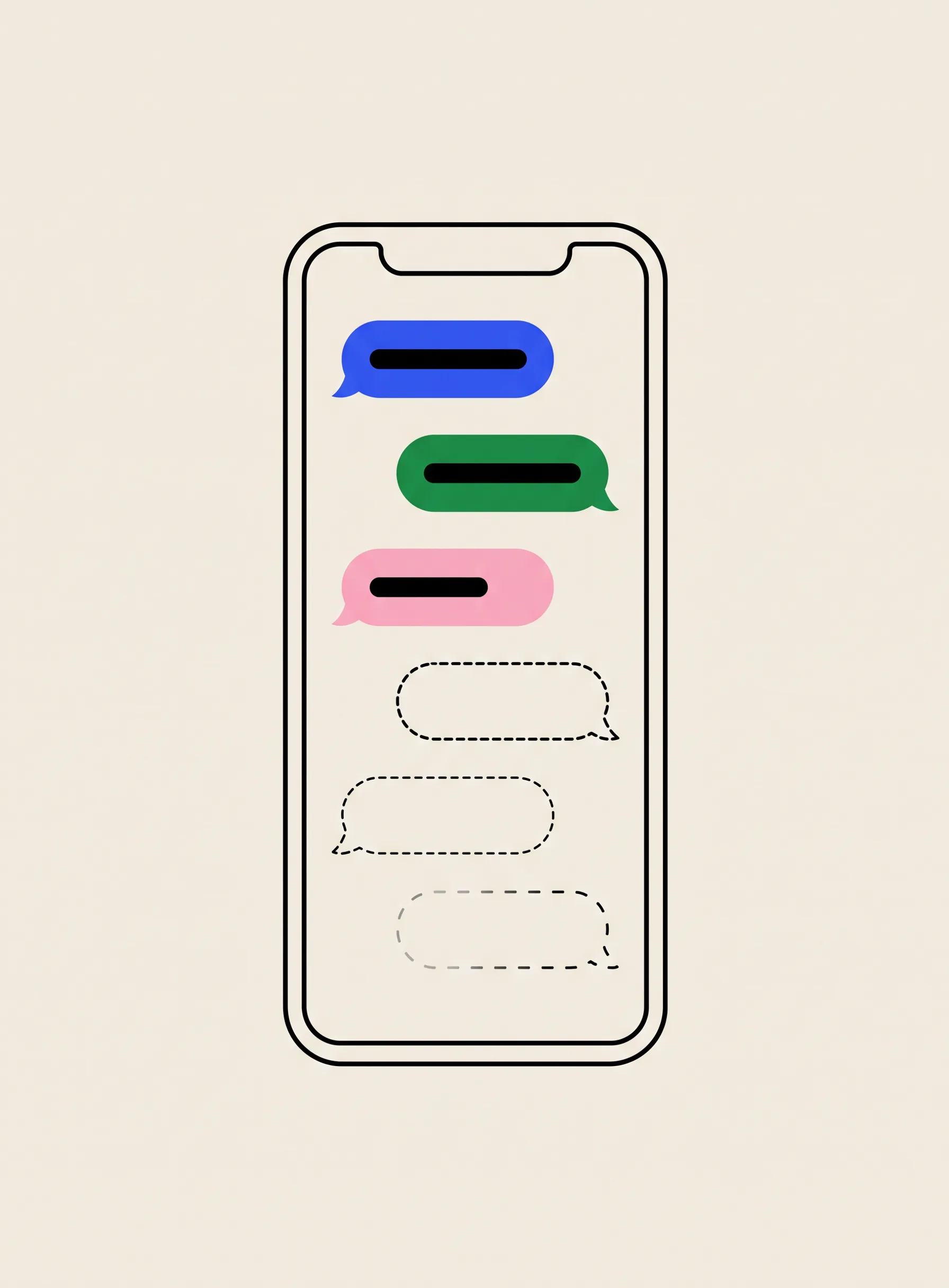 Illustration of a phone drawn in thin black outline on a cream background, holding six stacked chat bubbles: the top three filled solid in cobalt blue, green and pink, the bottom three empty with dashed outlines