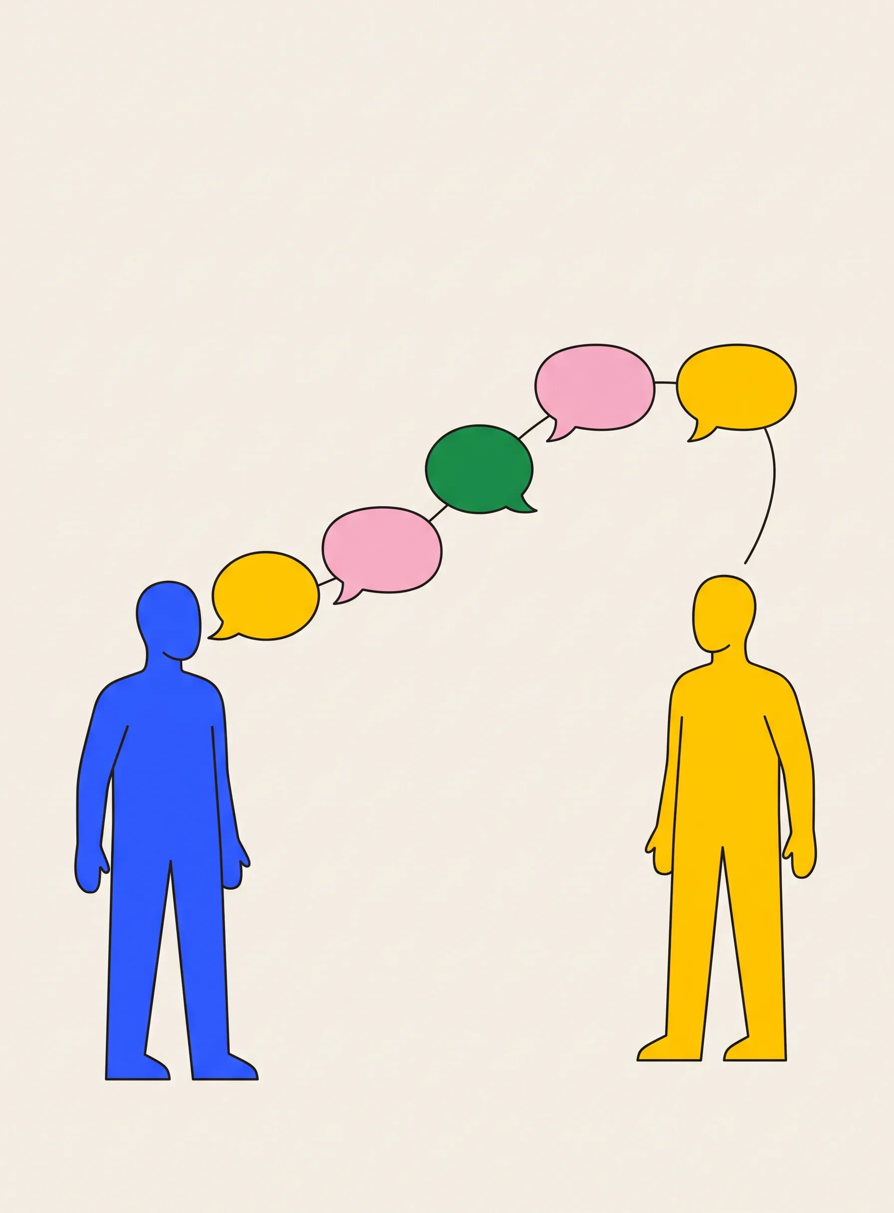 Illustration of two figures facing each other with a chain of five linked speech bubbles arcing between them like stepping stones