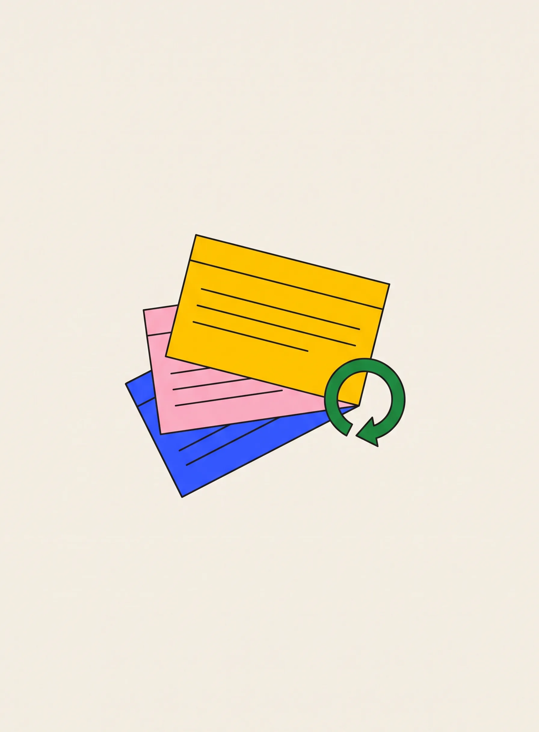 Illustration of three fanned index cards in yellow, pink and blue, each showing three thin lines standing in for a sentence, with a green circular arrow curling around the stack