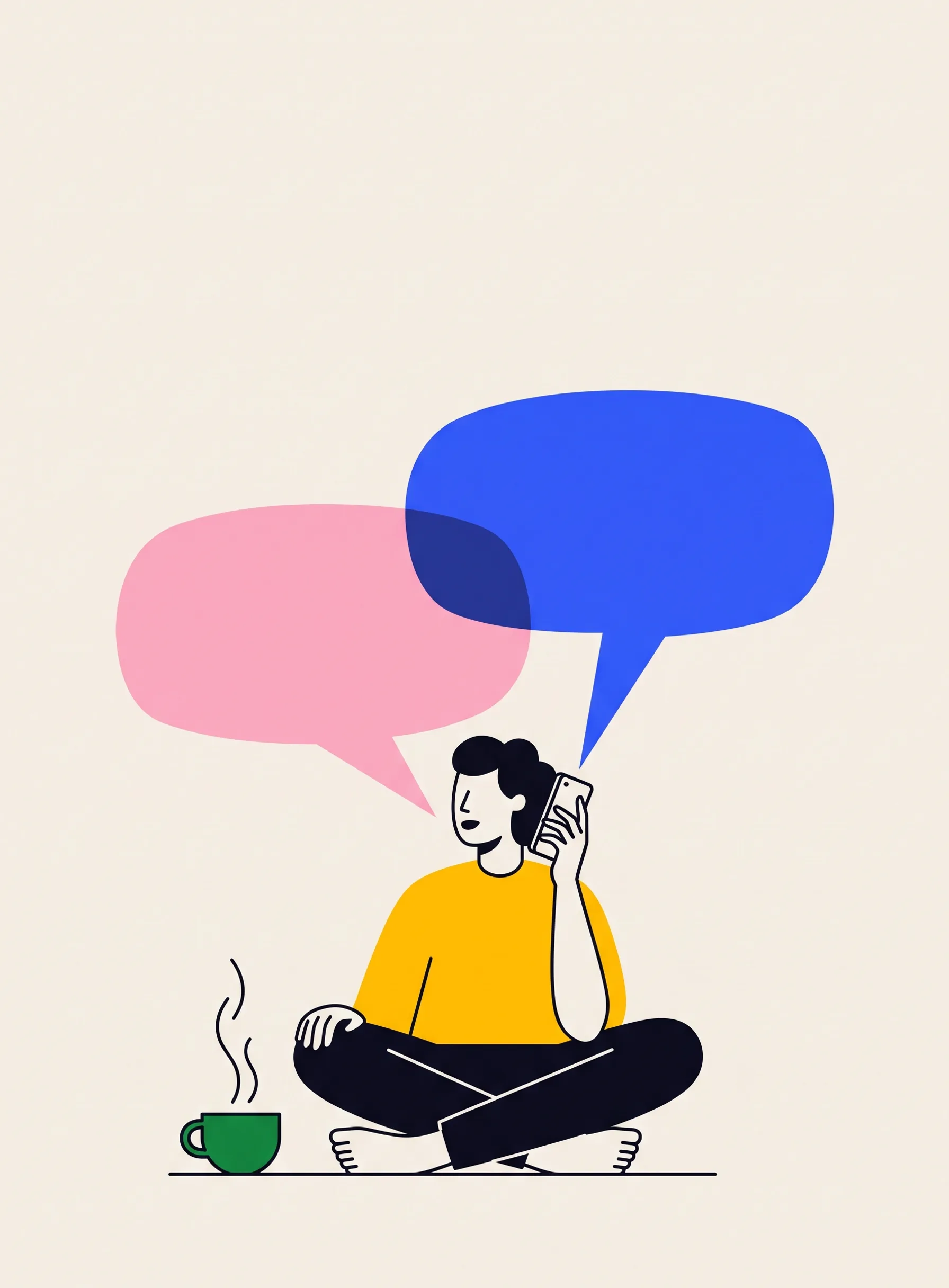 Illustration of a person sitting with a coffee cup beside them holding a phone to their ear, a blue speech bubble from the phone and a pink one from the person overlapping in the middle