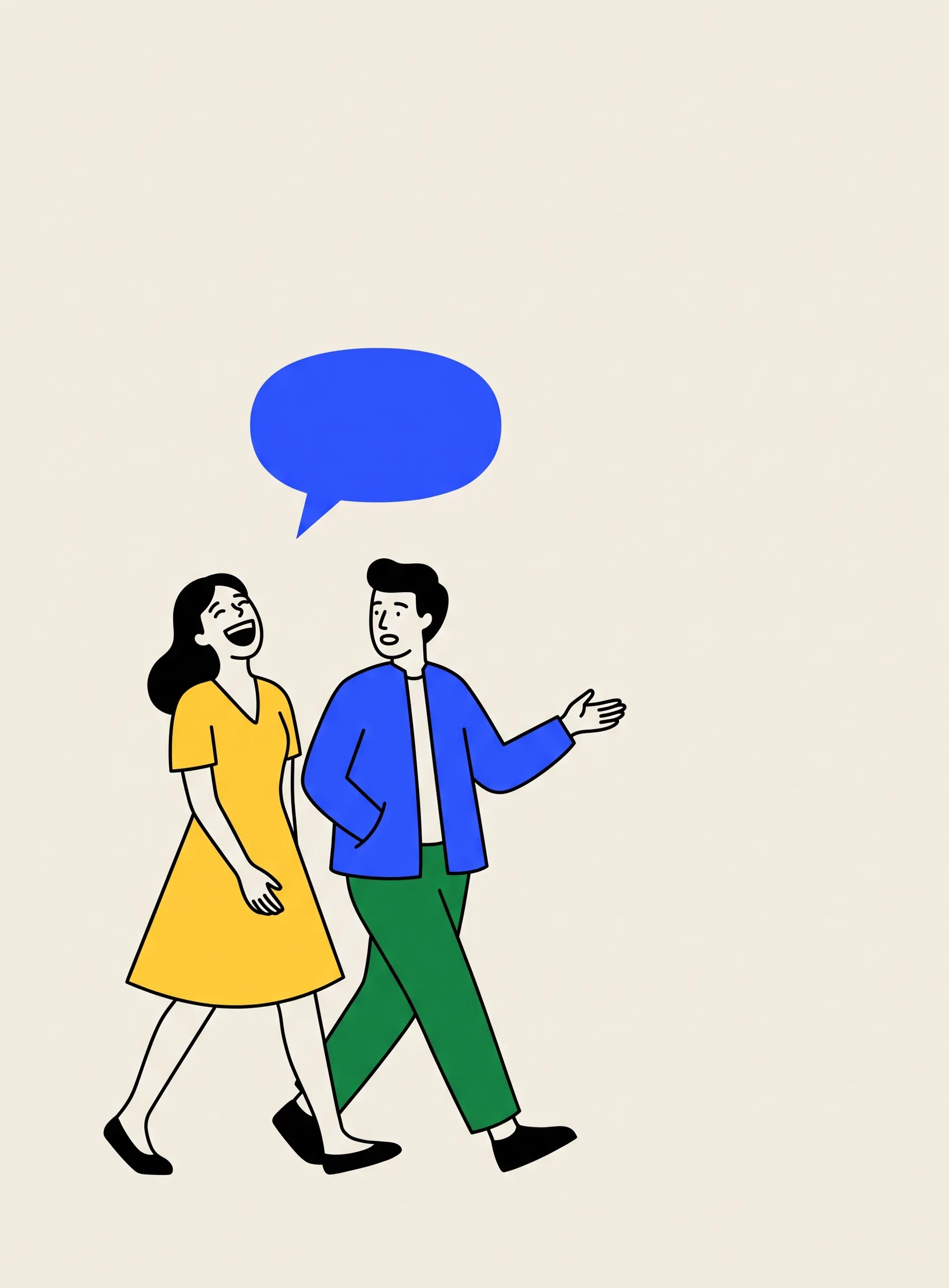 並んで歩く二人の友人のイラスト。黄色いワンピースの一人は笑い、青いジャケットの一人は話しながら身振りをしていて、頭上に青い吹き出しがある