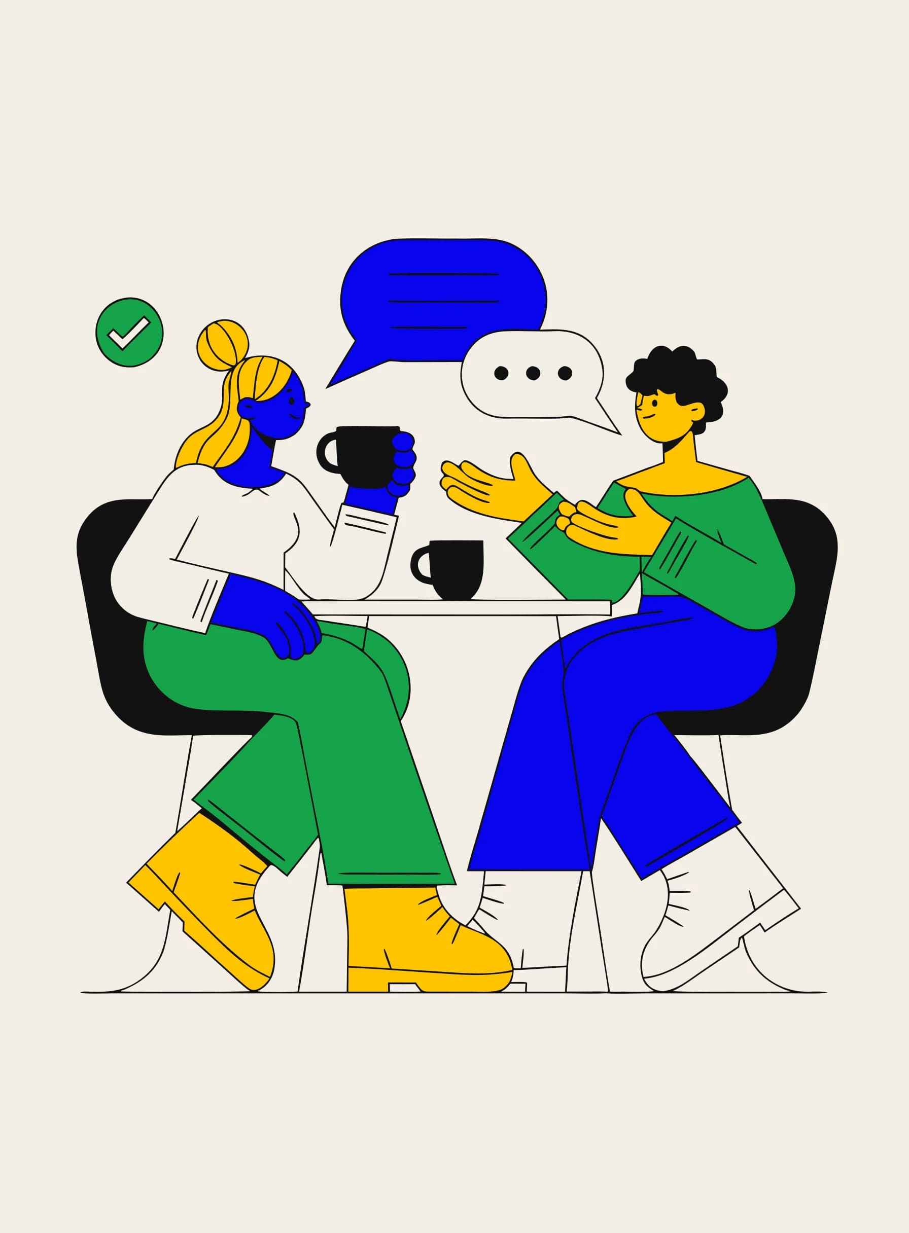 Ilustração de duas pessoas praticando conversa tomando café, com balões de fala e um sinal de confirmação verde de verificação