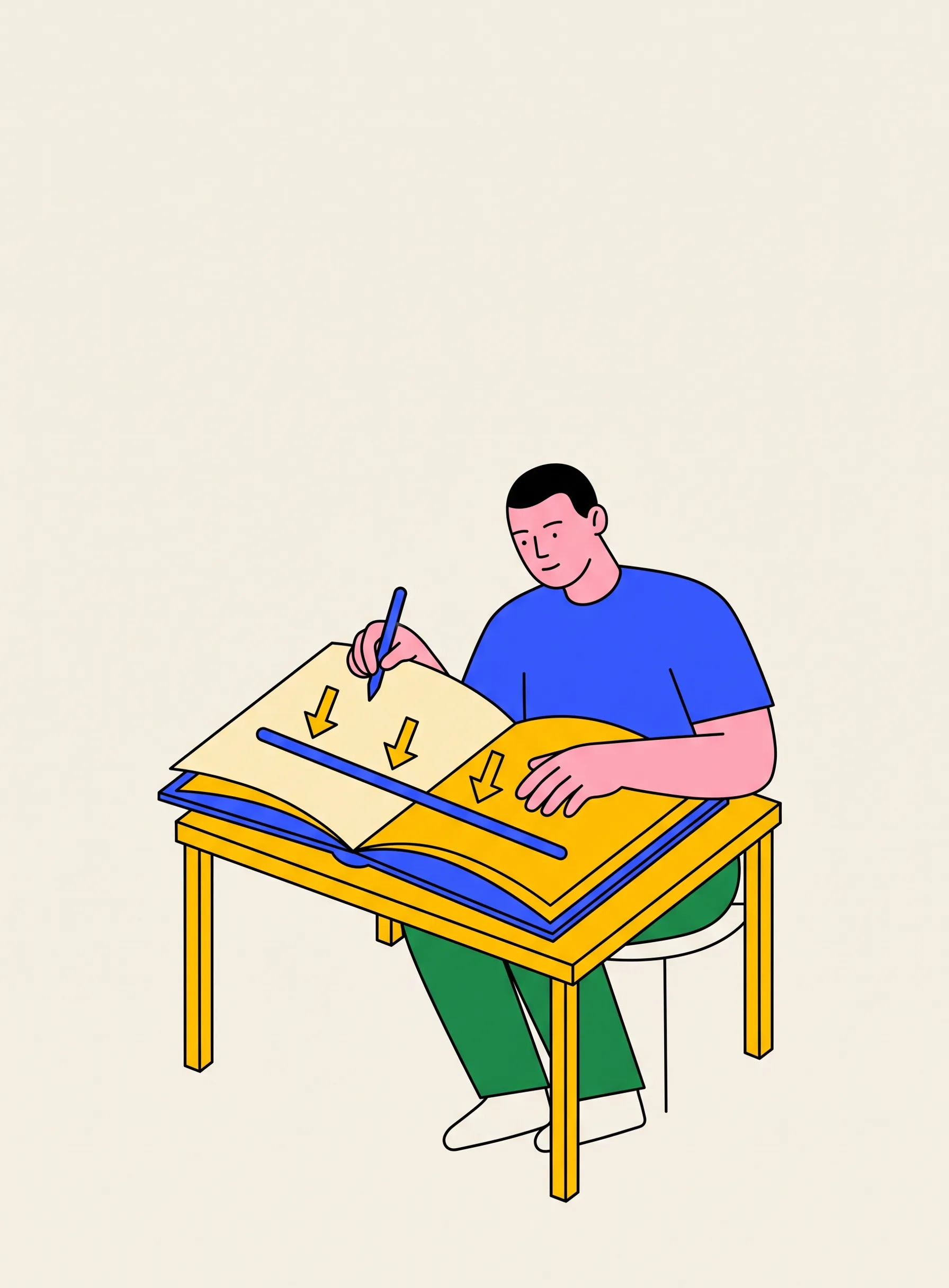 机で大きな見開きのノートに向かう人のイラスト。ページには長い青い線が一本引かれ、その線上の三か所を黄色い矢印が指している