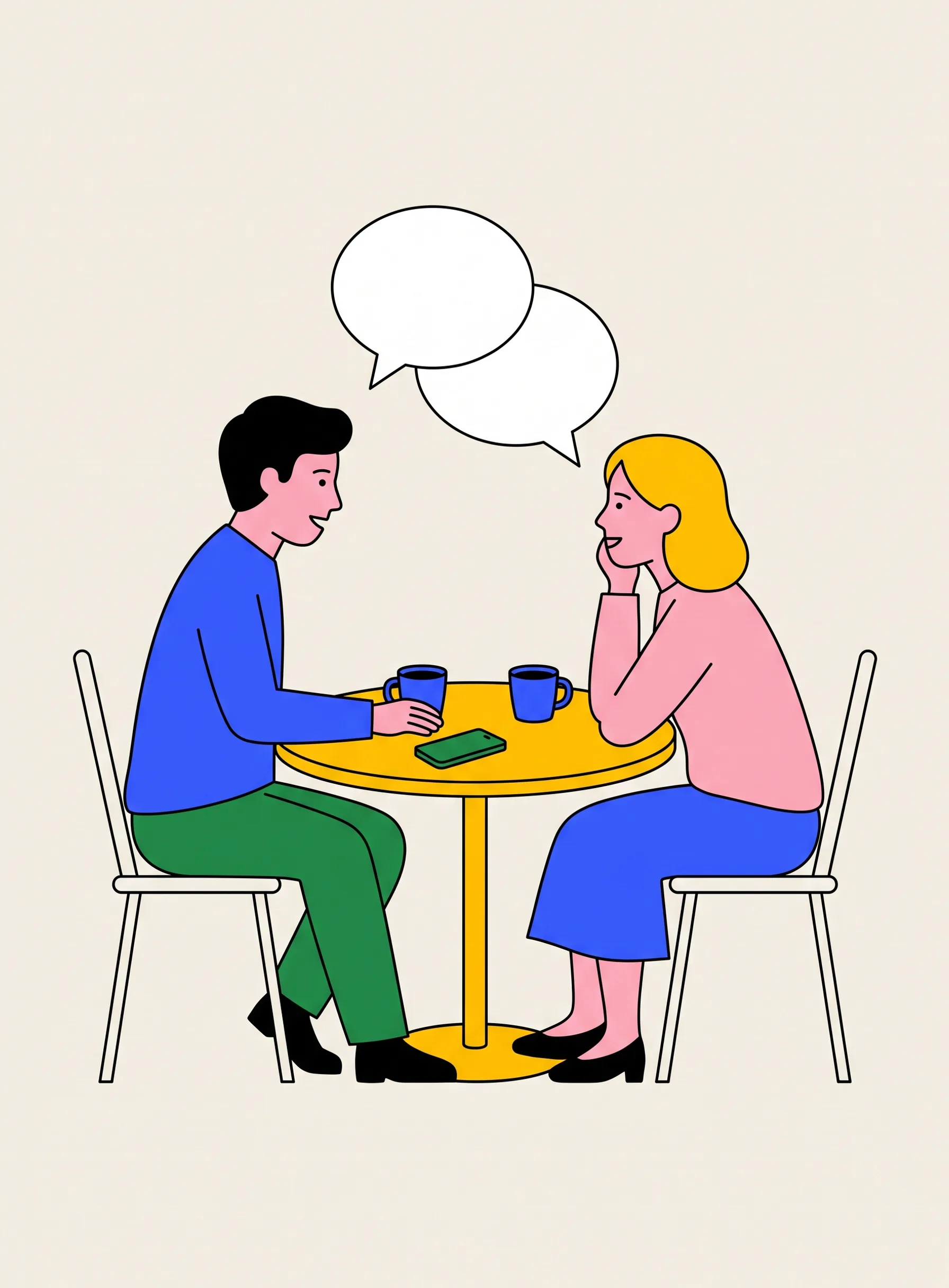 小さな丸い黄色のテーブルを挟んで向かい合い会話する二人、テーブルにはコーヒーカップ二つと伏せたスマートフォン、上に空の吹き出しが二つ重なっているイラスト
