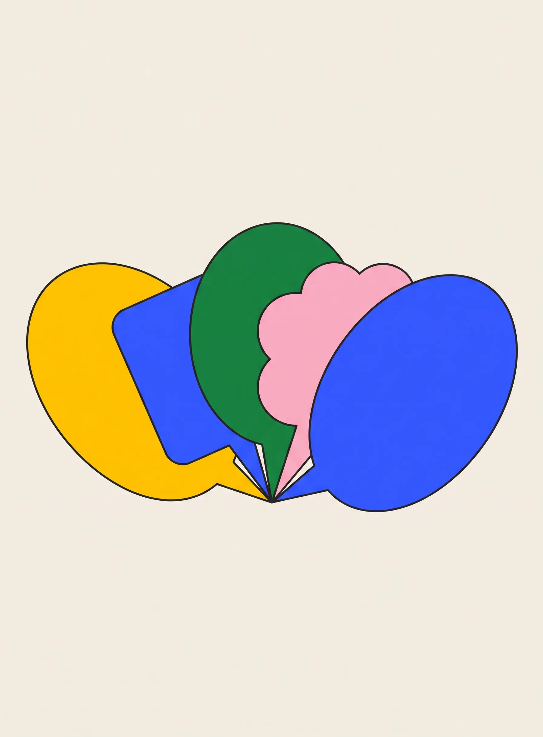 Illustration of five blank speech bubbles in yellow, blue, green and pink overlapping and fanned out like a hand of playing cards