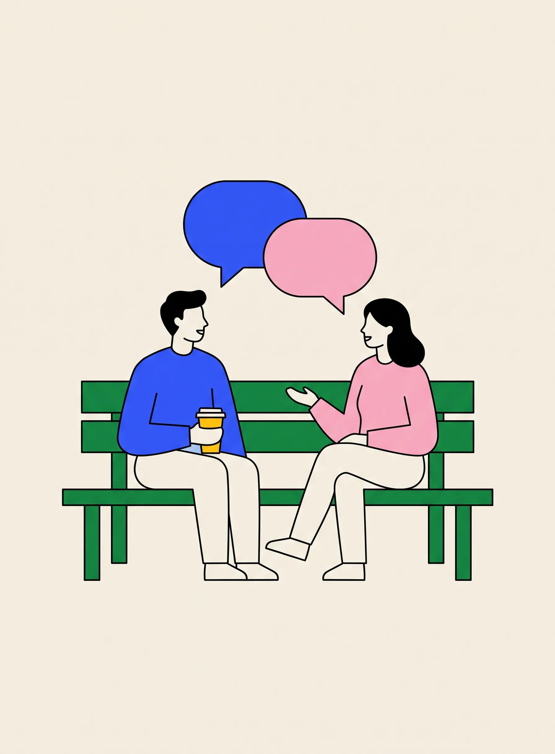 Illustration of two people sitting side by side on a green park bench turned toward each other in conversation, one holding a yellow coffee cup, with a blue and a pink speech bubble above them