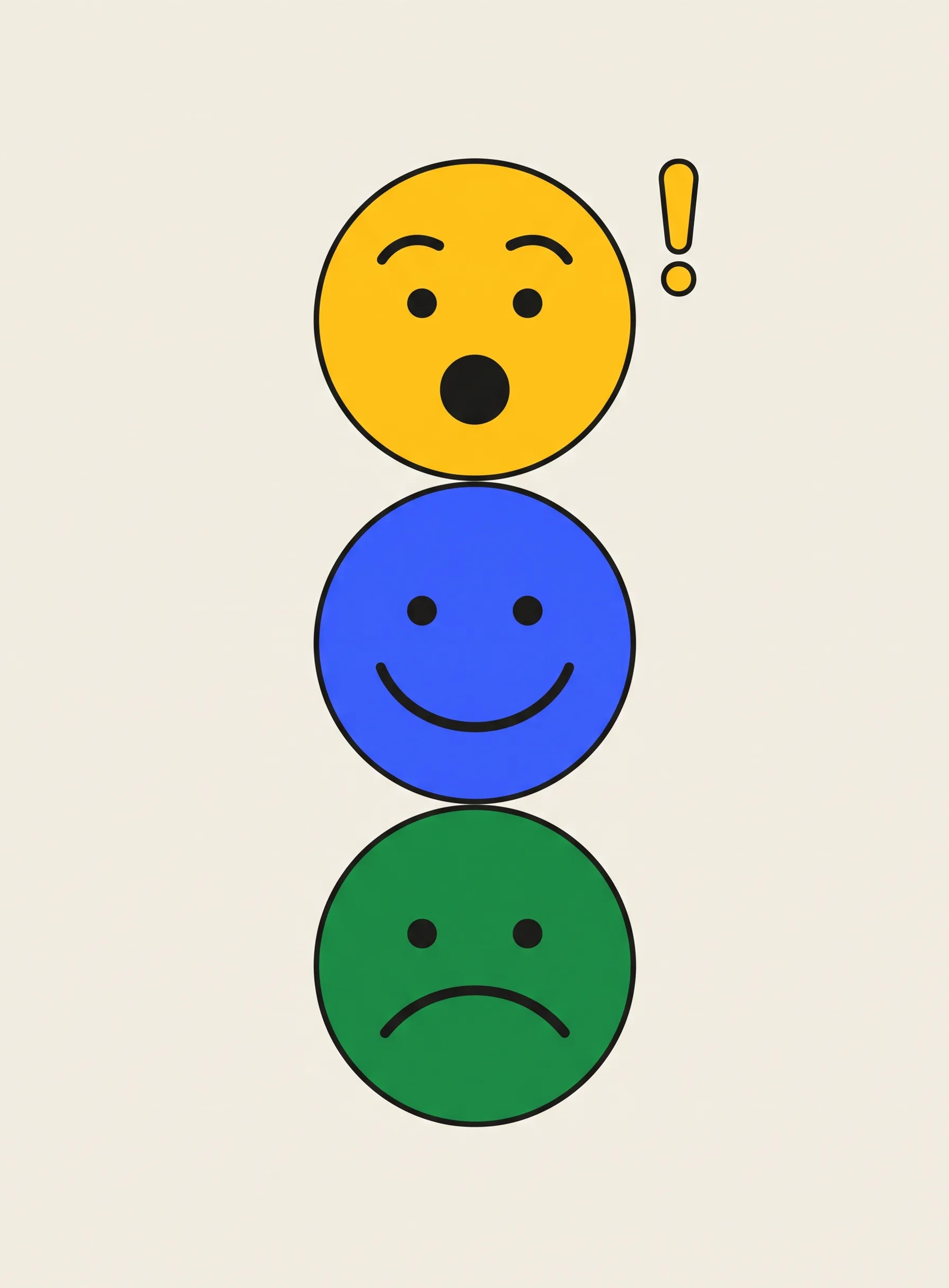 Illustration of three round faces stacked vertically showing surprise, a wide smile and a slight frown, with a small yellow exclamation mark beside the top face
