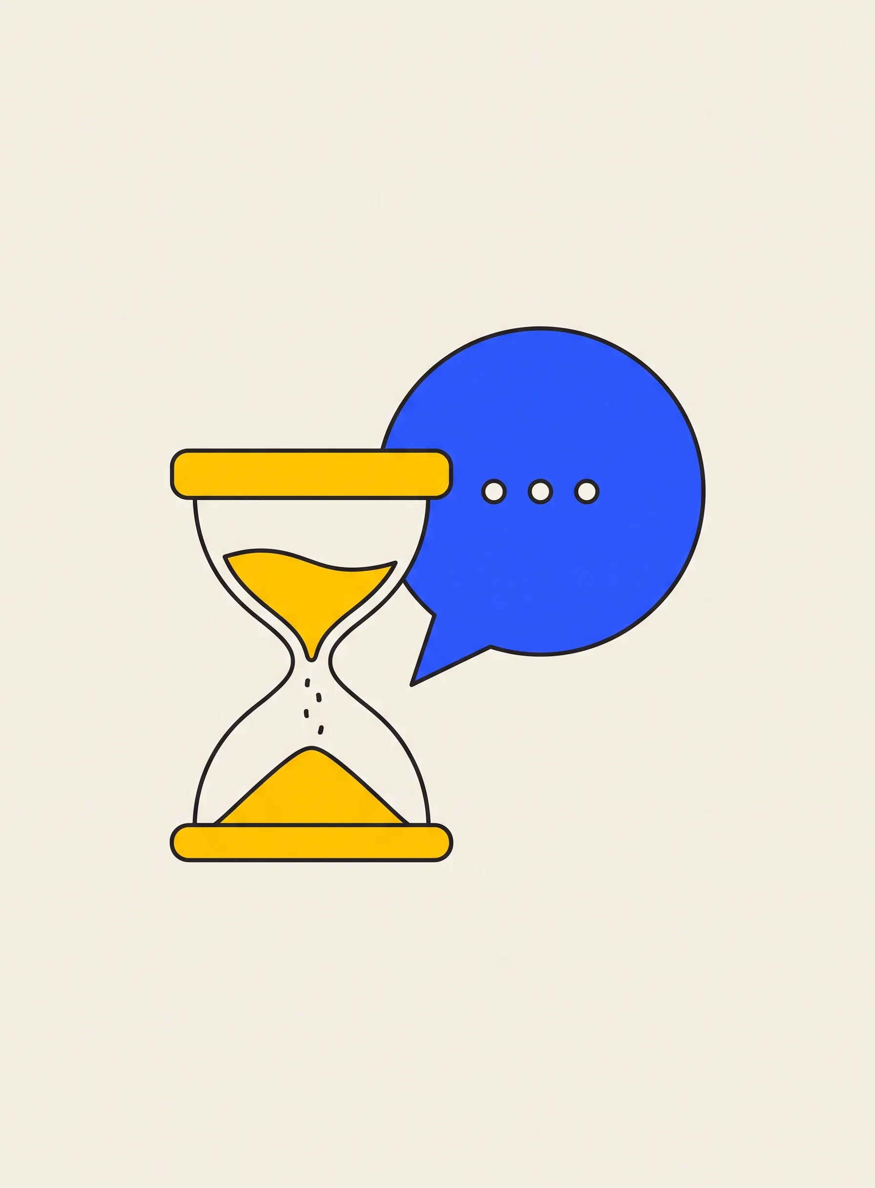 Illustration of a yellow hourglass with falling sand beside a cobalt blue speech bubble containing three black dots