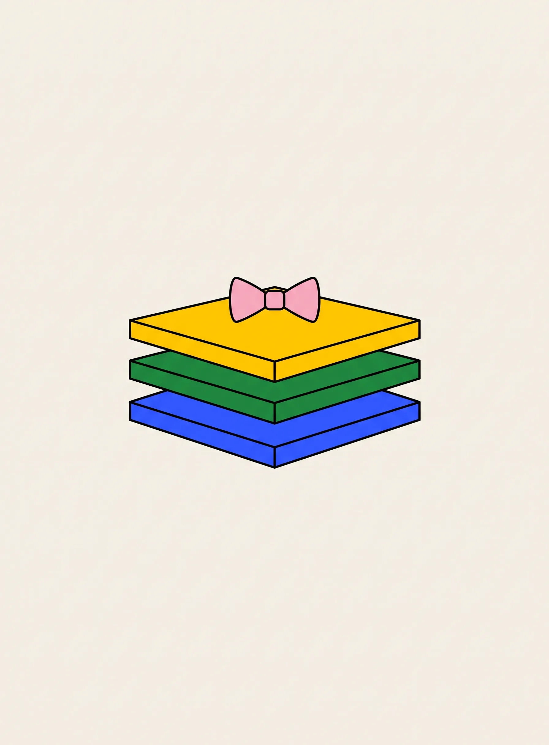 Ilustración de tres capas horizontales apiladas vistas de lado como una tarta de pisos, azul abajo, verde en medio y amarilla arriba, con una pequeña pajarita rosa sobre la capa superior