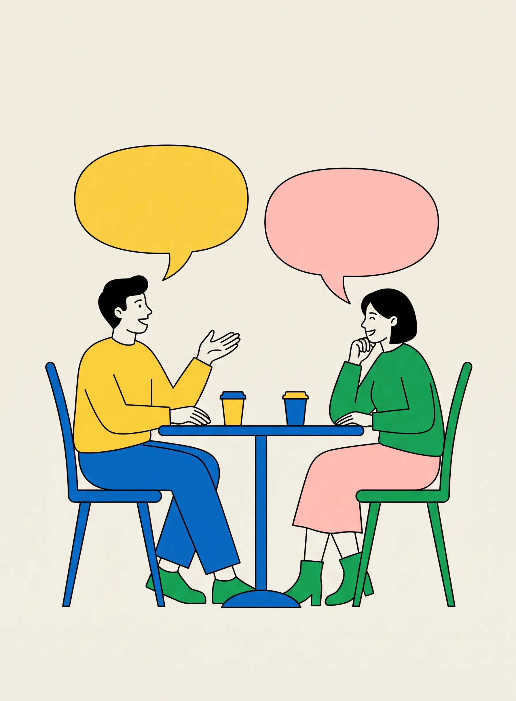 Ilustración de dos personas en una pequeña mesa redonda de cafetería con dos tazas de café, una hablando con la mano abierta y la otra asintiendo y sonriendo, con un bocadillo amarillo y otro rosa sobre ellas
