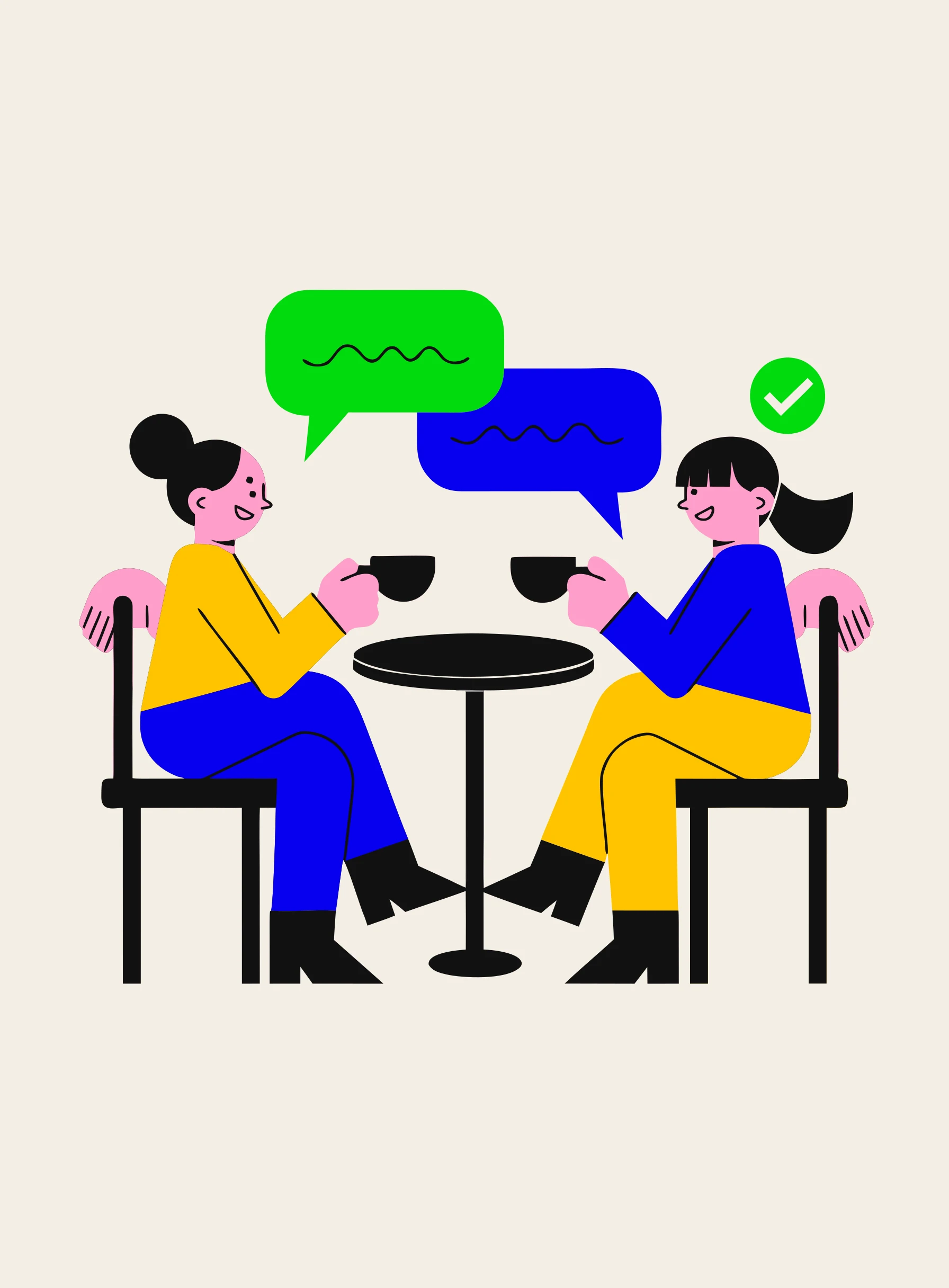 Illustration of two people talking over coffee at a small table with speech bubbles and a green verification checkmark badge