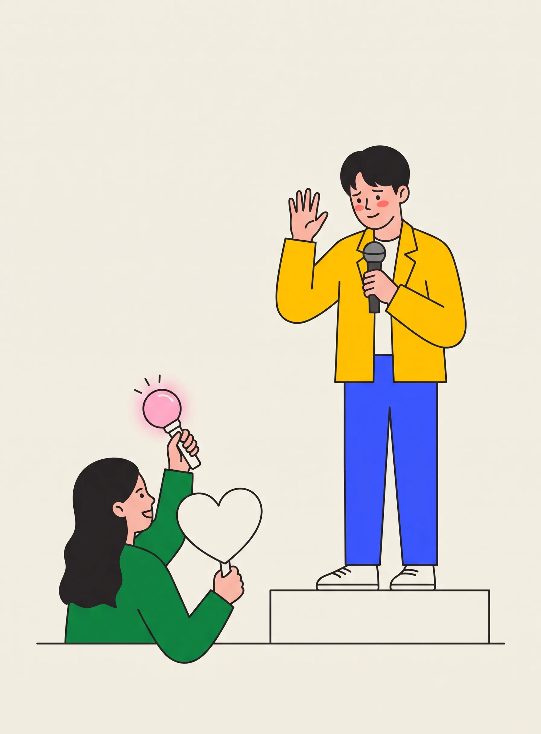 Ilustración de un joven idol en un pequeño escenario con un micrófono saludando tímidamente a una joven en primera fila que sostiene un lightstick y un pequeño cartel en forma de corazón, vacío