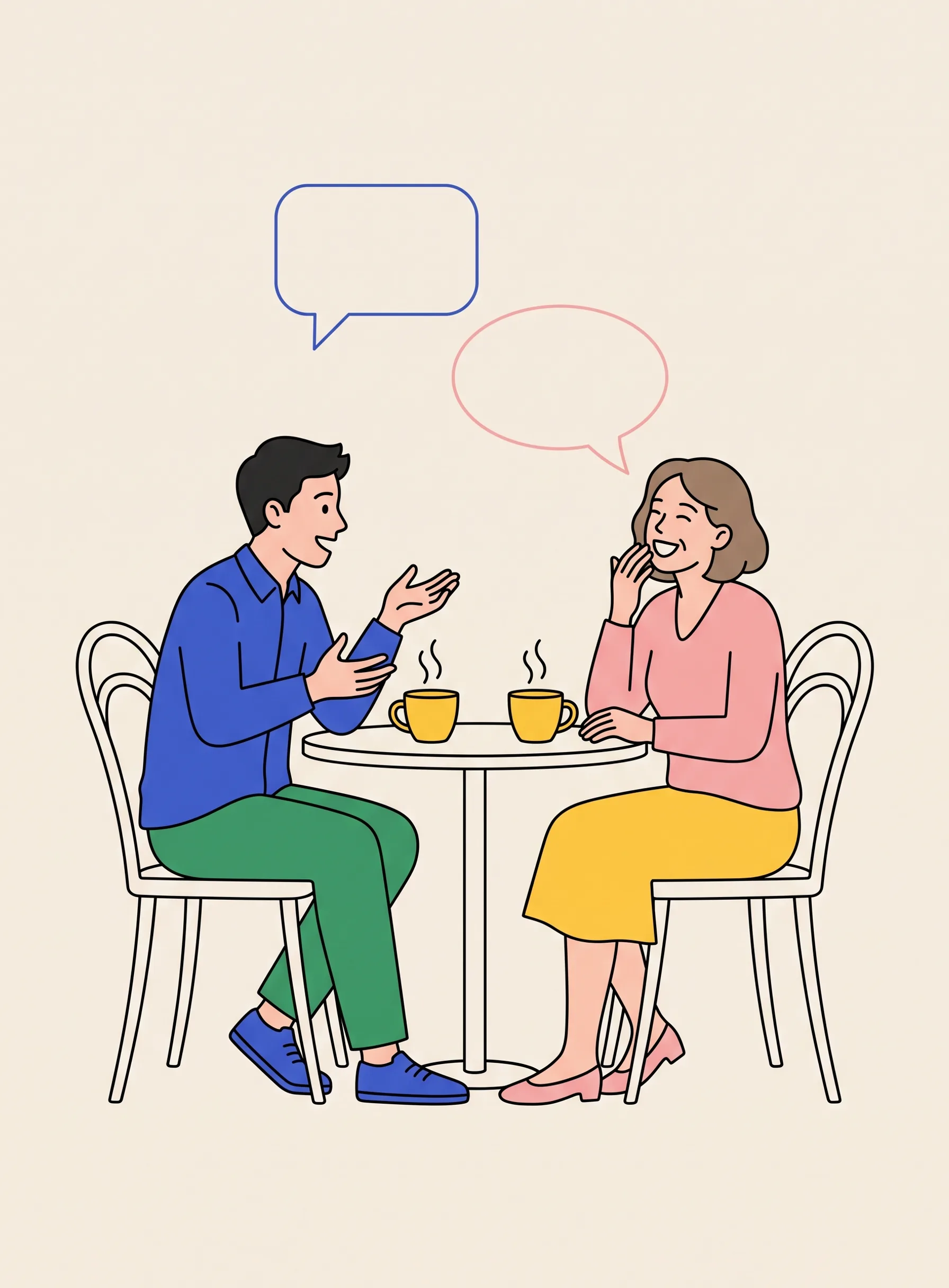 Ilustración de dos personas en la mesa de una cafetería con dos tazas de café, un joven inclinado hacia delante en plena frase y una joven algo mayor riéndose, con dos bocadillos vacíos encima