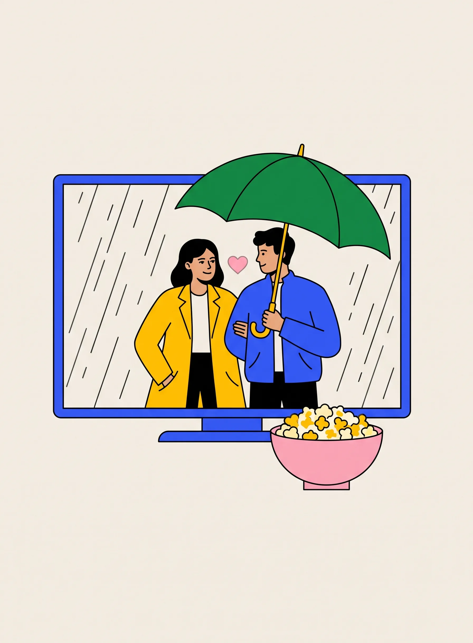 Ilustración de una pantalla de televisión que muestra una escena de drama romántico, una mujer y un hombre algo más joven muy juntos bajo un paraguas en la lluvia con un pequeño corazón entre ellos, y un cuenco de palomitas delante