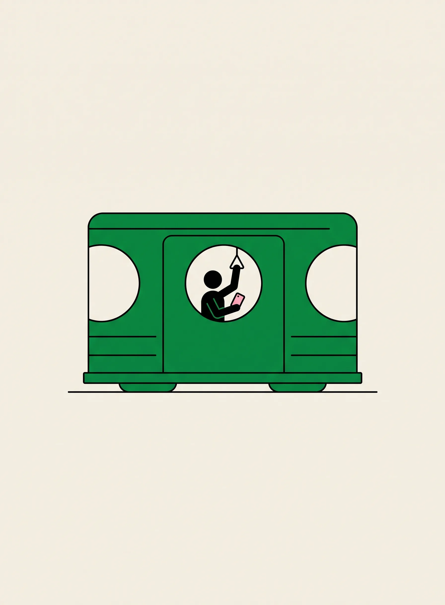 Ilustración de un vagón de metro verde con ventanas redondas y una diminuta figura negra dentro, agarrada a una correa y mirando un móvil rosa