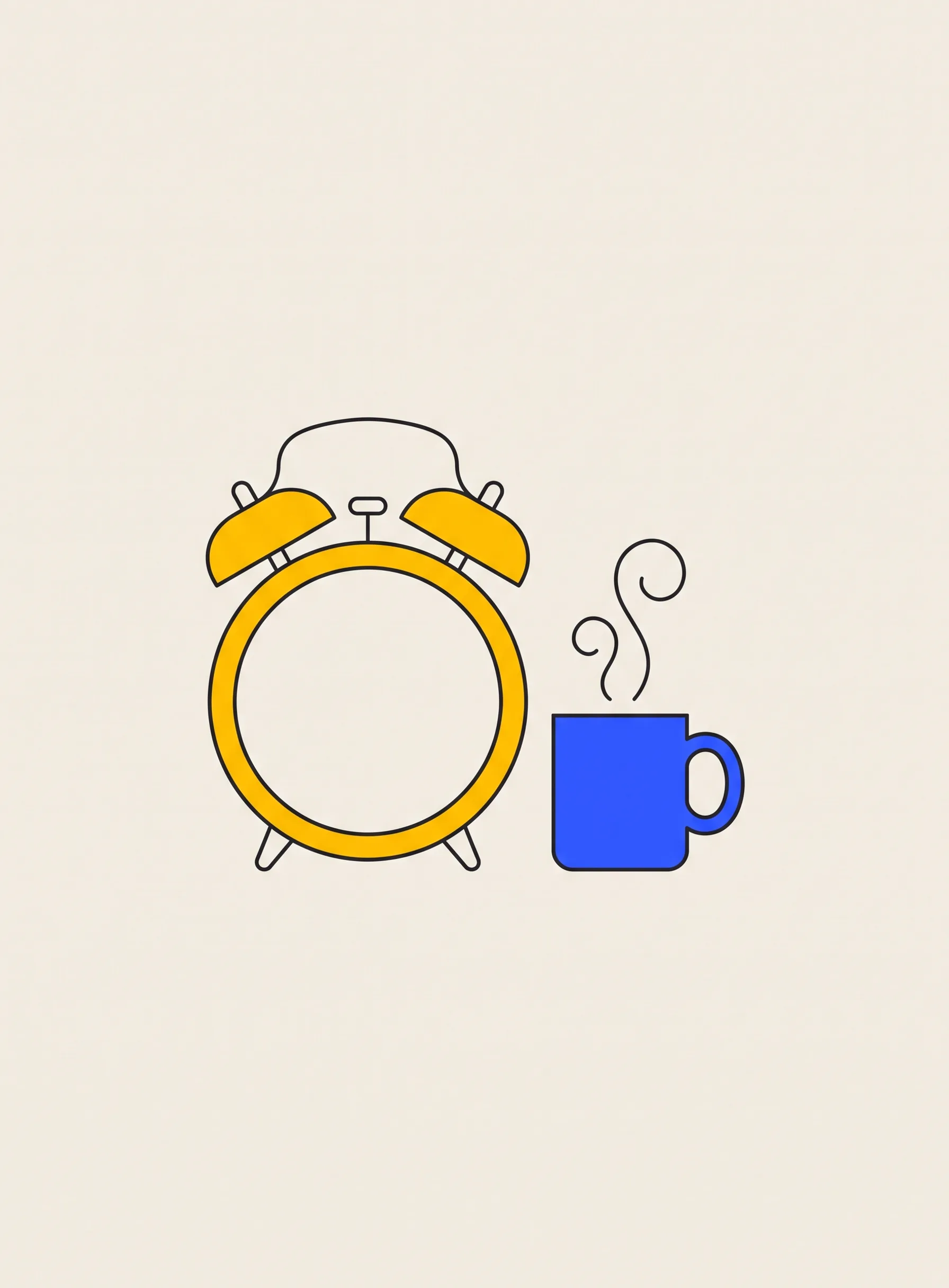 Ilustración de un despertador redondo amarillo con dos campanas junto a una pequeña taza azul cobalto con finas volutas negras de vapor