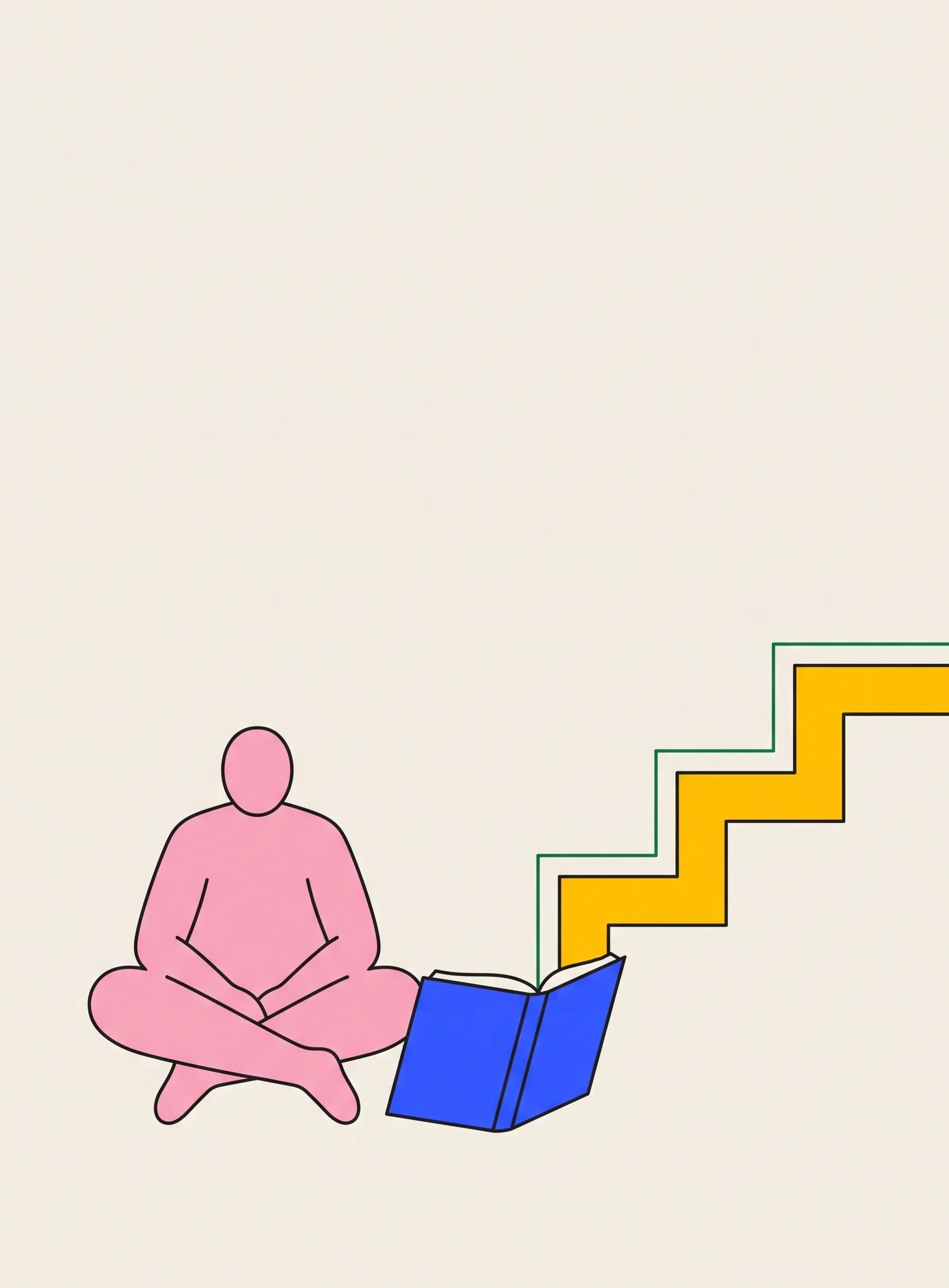 펼쳐진 파란 책 옆에 혼자 앉아 있는 사람과, 책에서 솟아오르는 노란 계단을 따라 초록 선이 이어지는 일러스트
