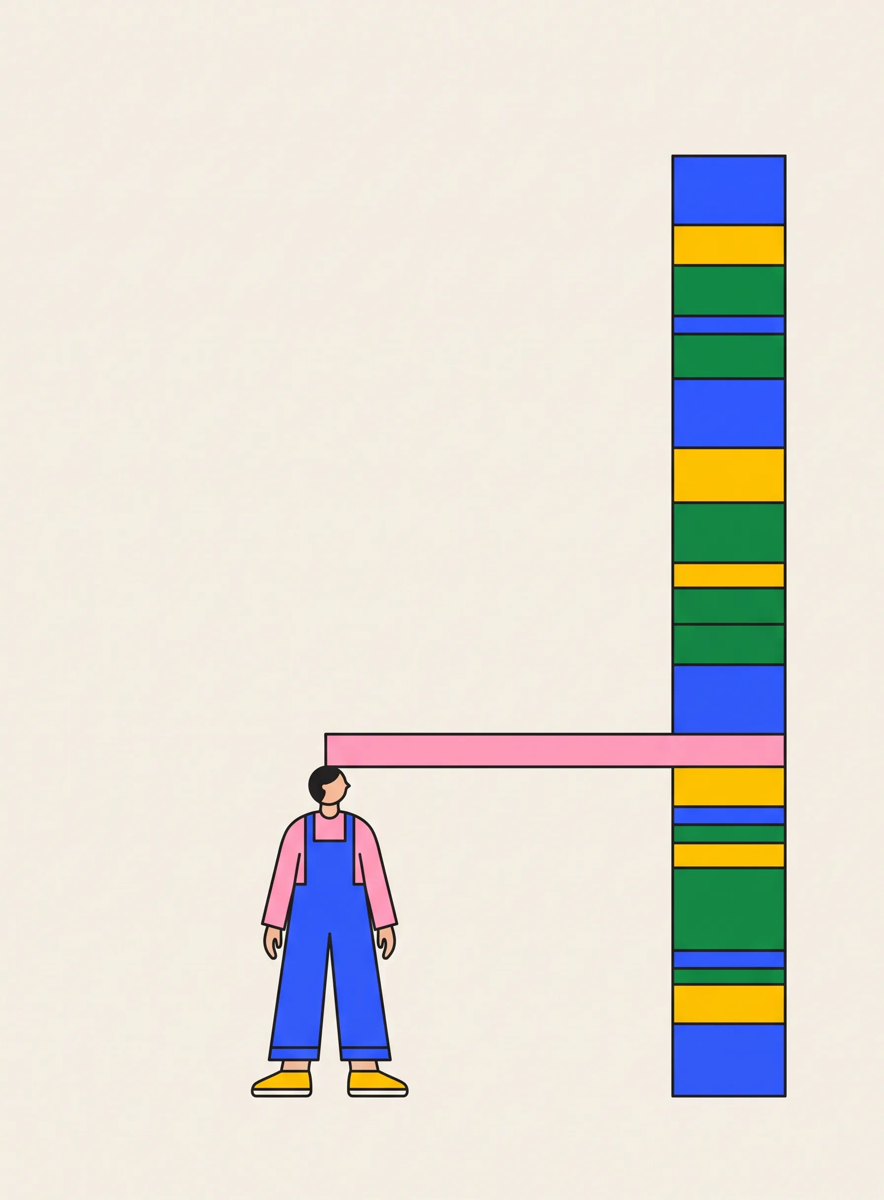 파랑, 노랑, 초록 막대가 쌓인 세로 눈금자 옆에 사람이 서 있고, 머리 높이에 분홍색 표시선이 놓인 일러스트