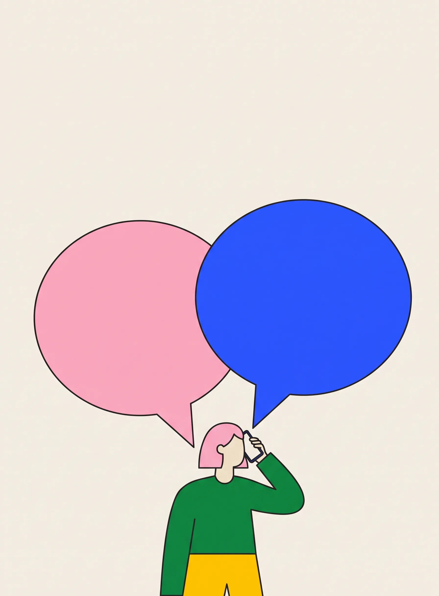 혼자 서서 휴대폰을 귀에 대고 있는 사람과, 휴대폰에서 올라오는 파란 말풍선과 사람에게서 올라오는 분홍 말풍선이 위쪽 빈 공간에서 만나는 일러스트