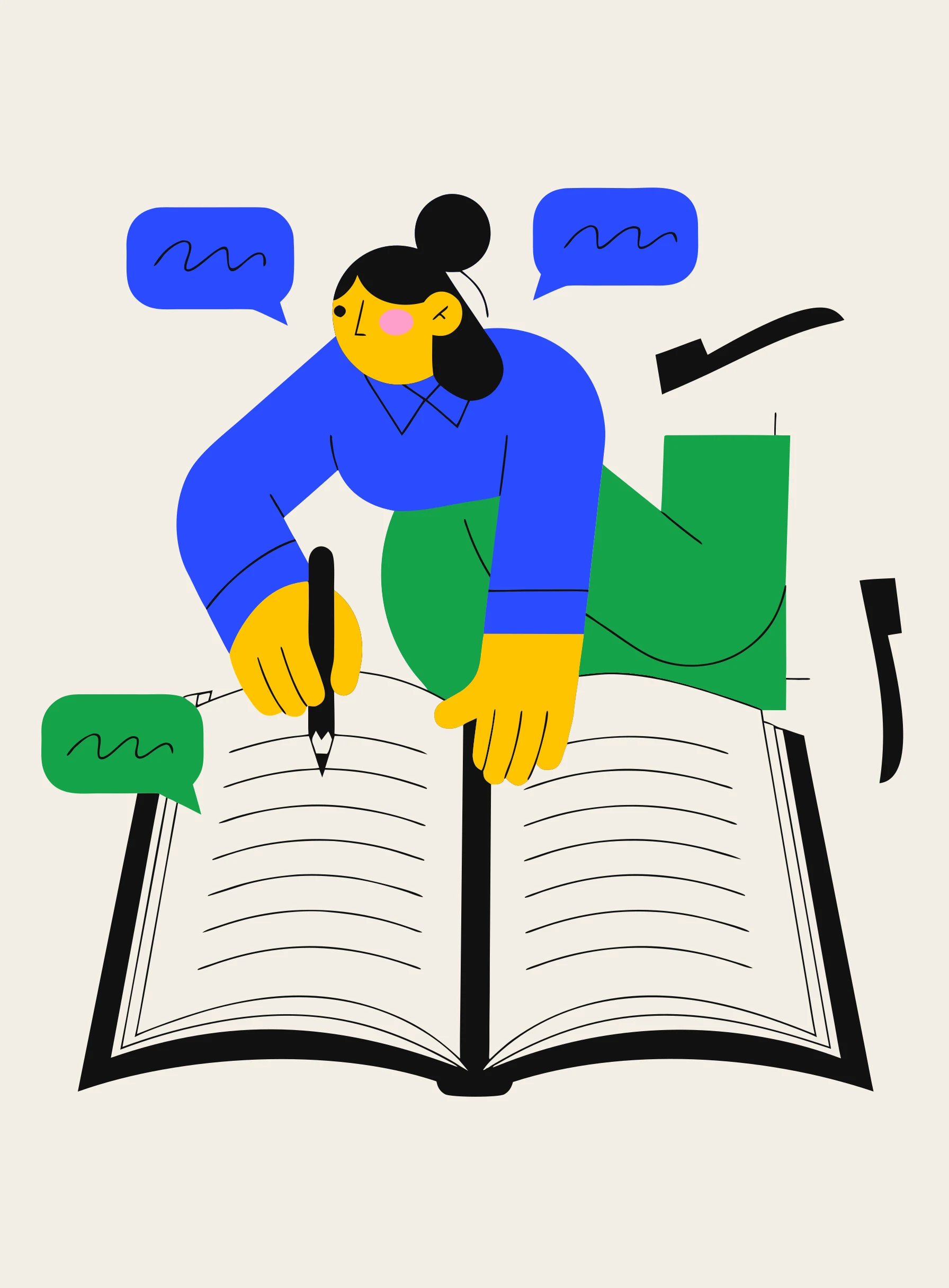 Illustration of a person leaning over a large open notebook with a pencil, blank ruled lines on both pages and speech bubbles floating around them