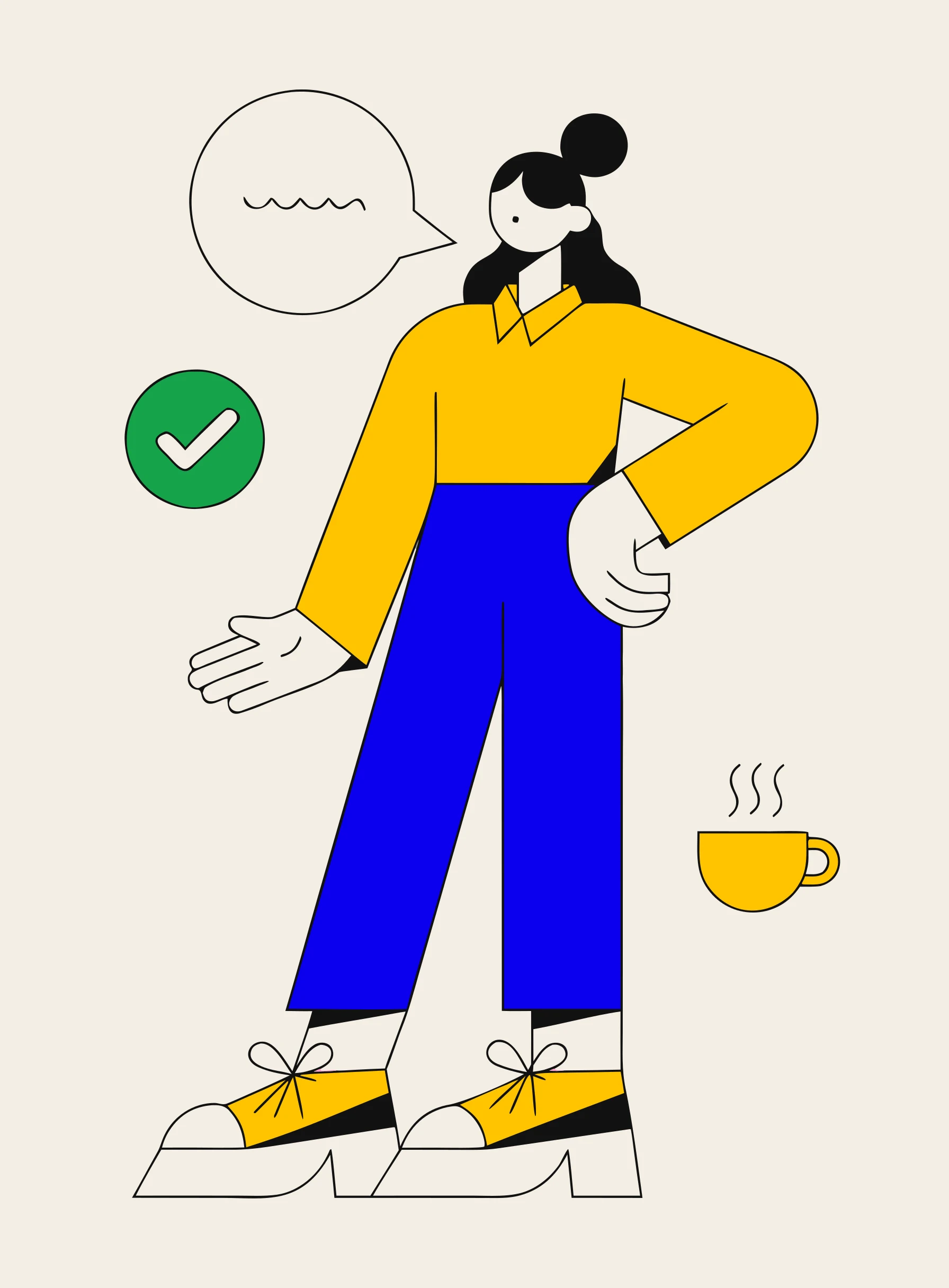 Illustration of a person speaking confidently with a large speech bubble, a green verification checkmark badge and a coffee cup nearby