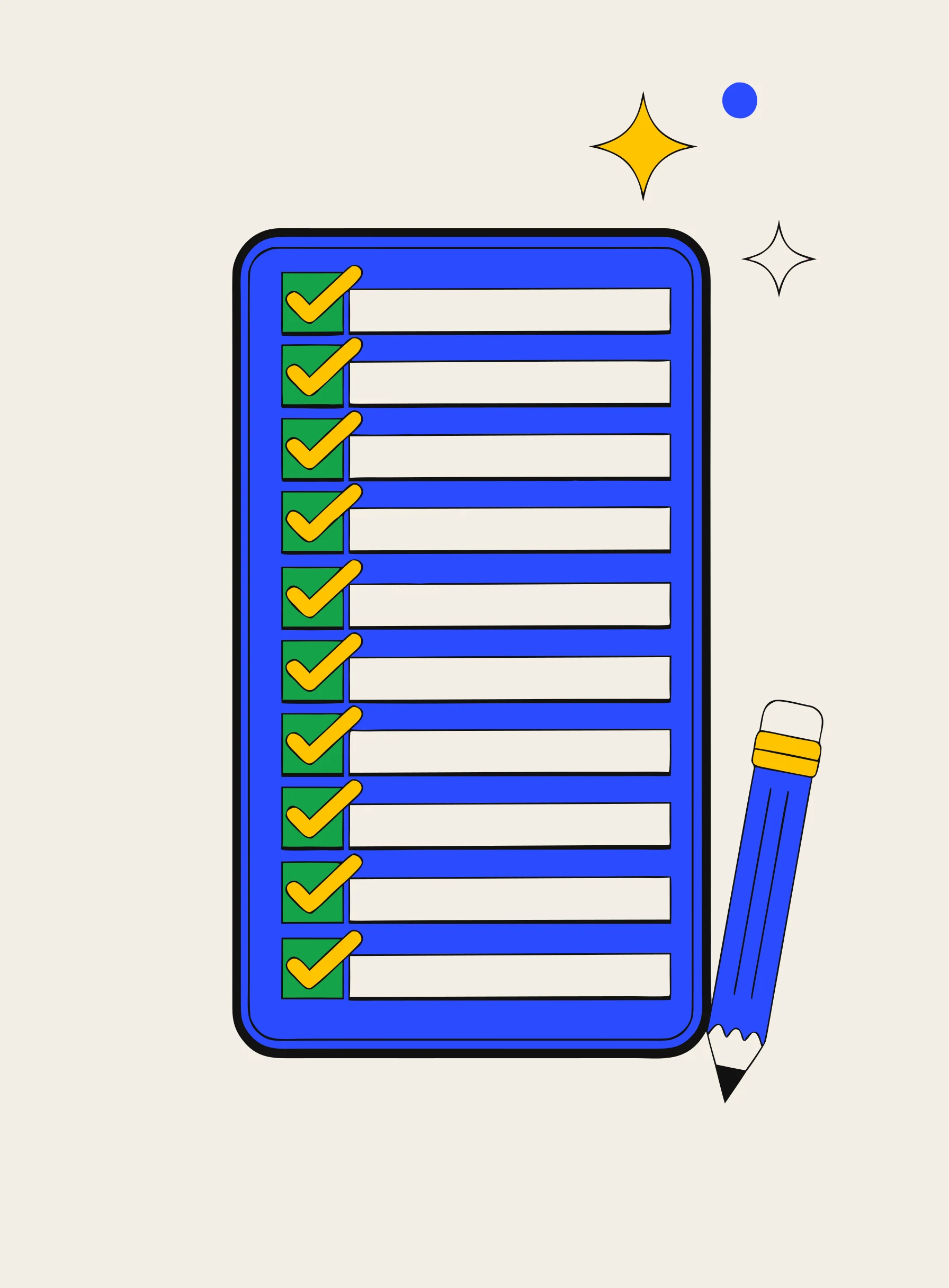 Illustration of a checklist card with ten checked boxes and blank ruled lines beside a pencil
