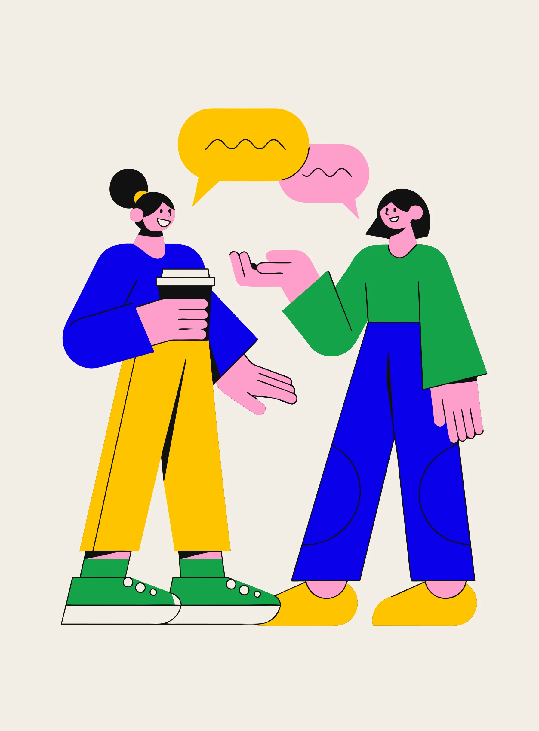 Illustration of two people standing and chatting in a relaxed way, one holding a coffee cup, with speech bubbles between them