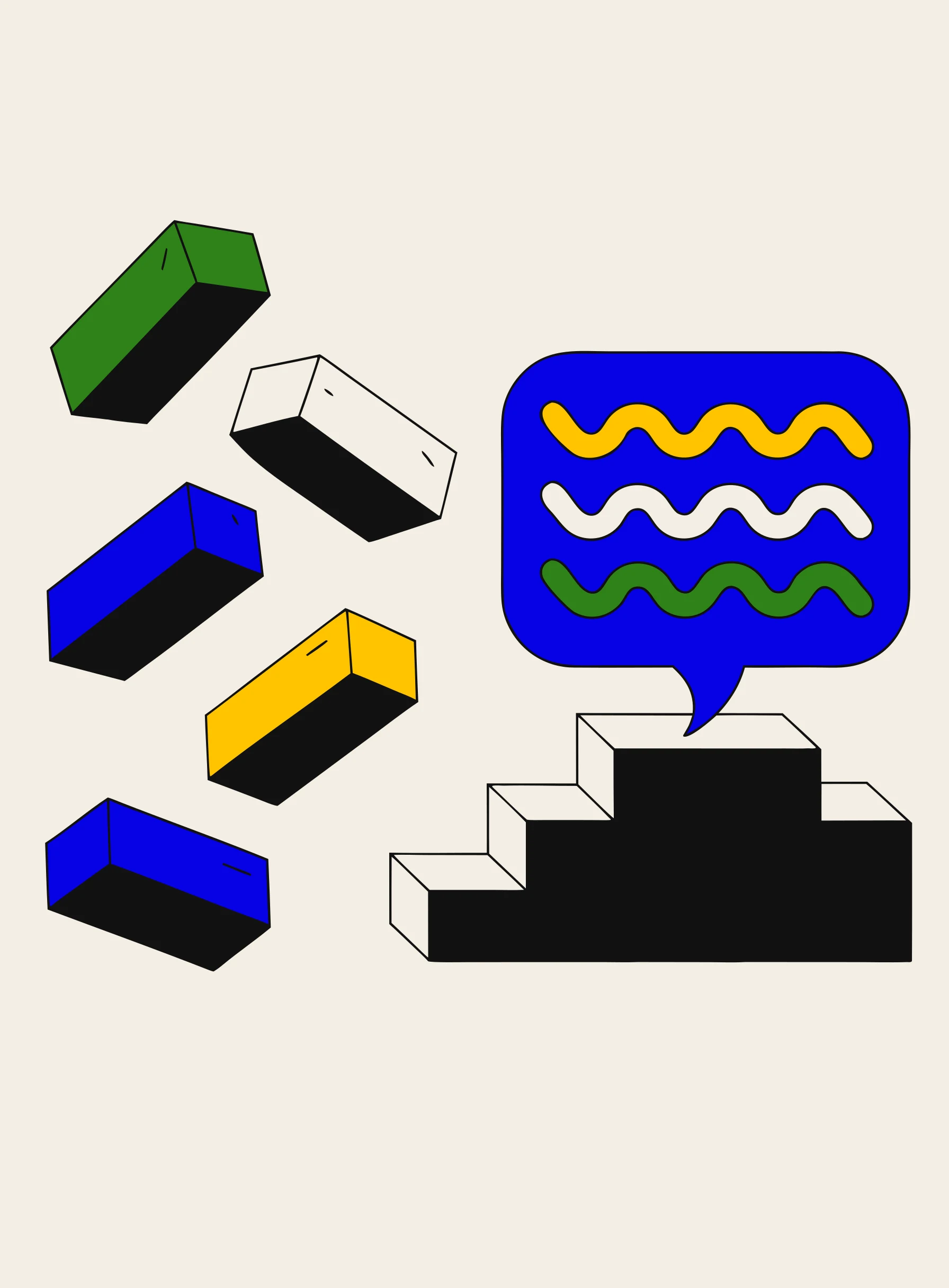 Illustration of loose scattered blocks on one side and the same blocks assembled into one solid structure on the other, with a speech bubble rising from the assembled side
