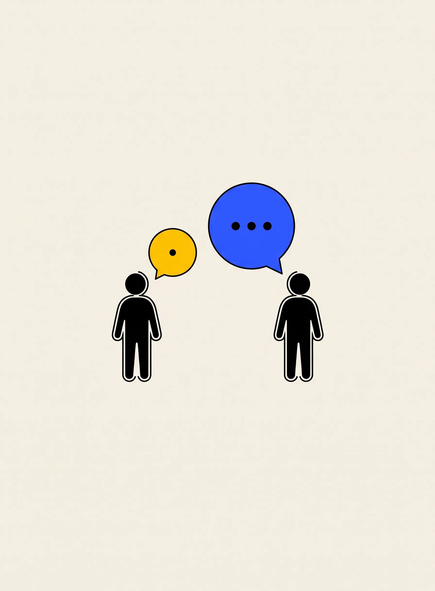 Illustration of two small black figures facing each other, a small yellow speech bubble with one dot above the left figure and a larger cobalt blue bubble with three dots above the right one