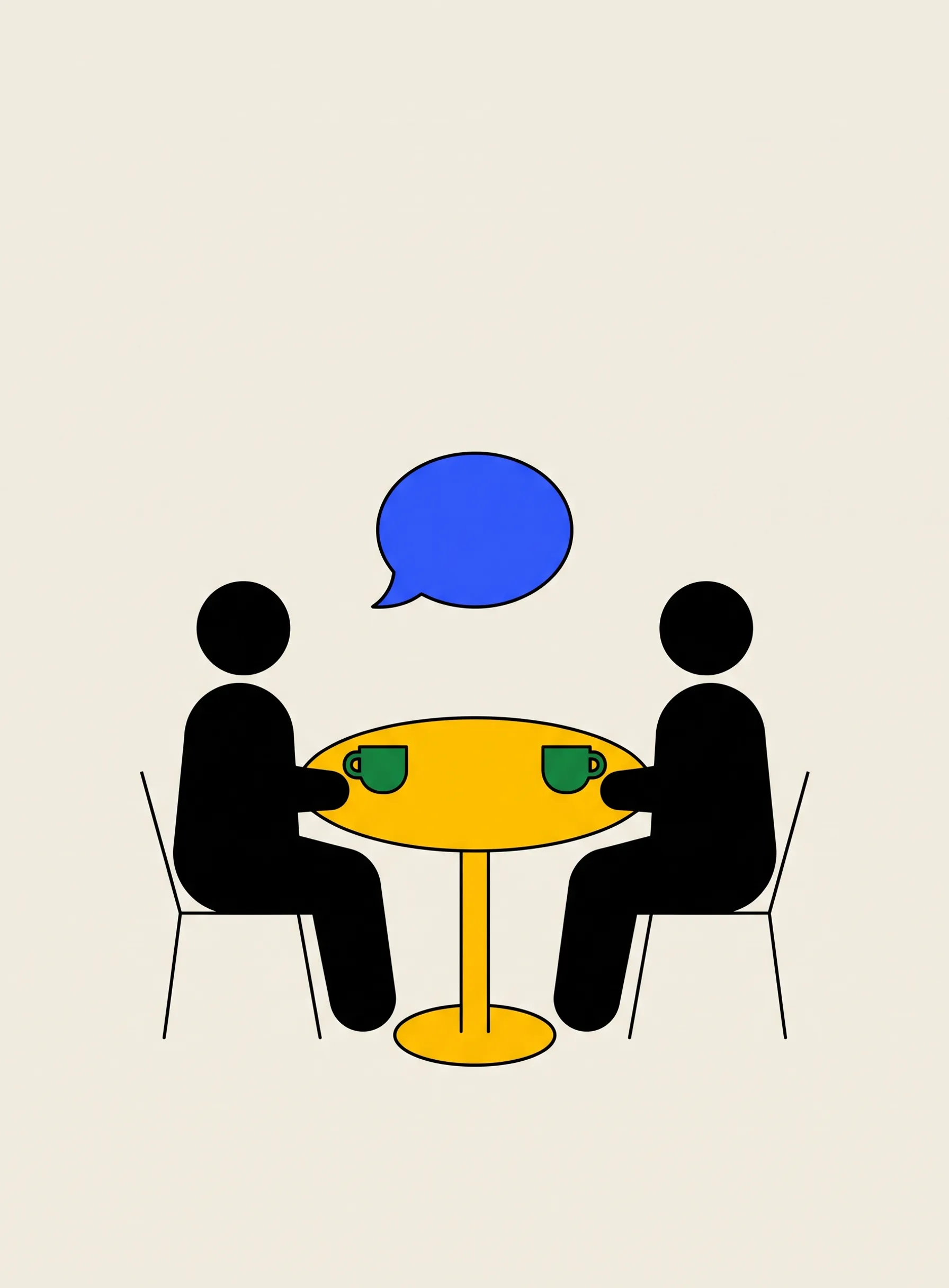 Illustration of two small black figures sitting either side of a round yellow table with a green cup each and a cobalt blue speech bubble floating between them