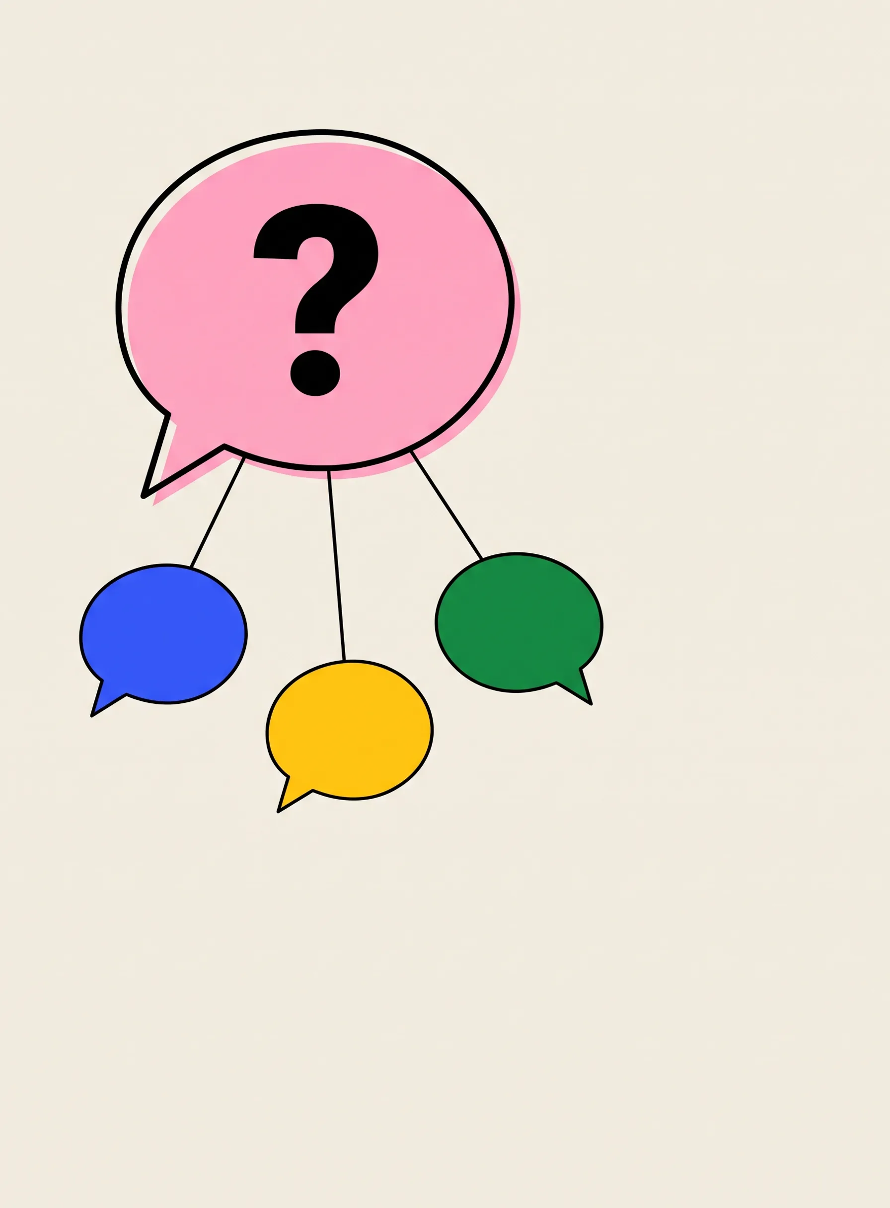 Illustration of a large soft pink speech bubble containing a black question mark, with three thin black lines branching down to smaller blue, yellow and green speech bubbles
