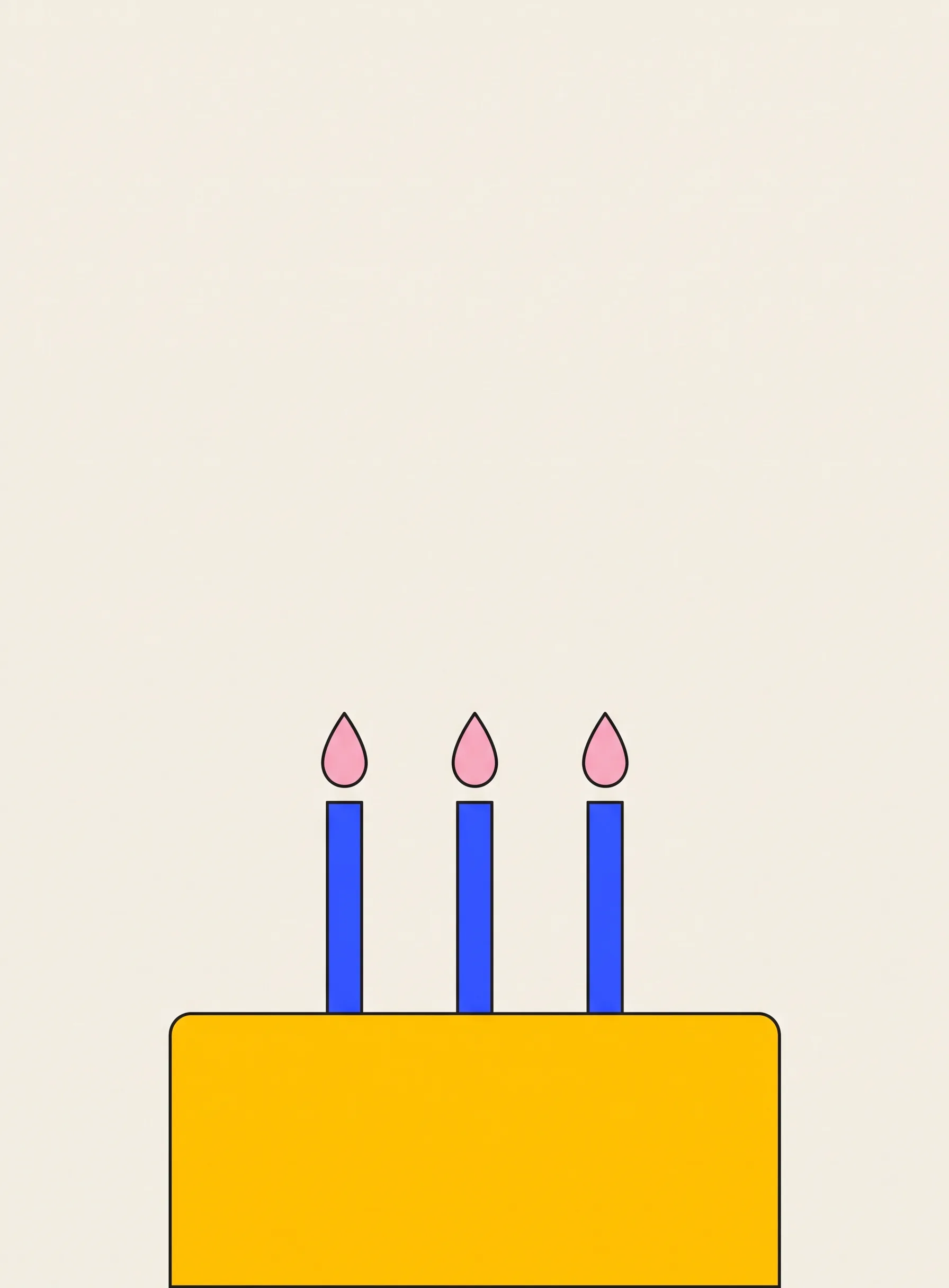 Illustration of a flat yellow birthday cake with three slim cobalt blue candles, each with a small soft pink flame, on a warm cream background