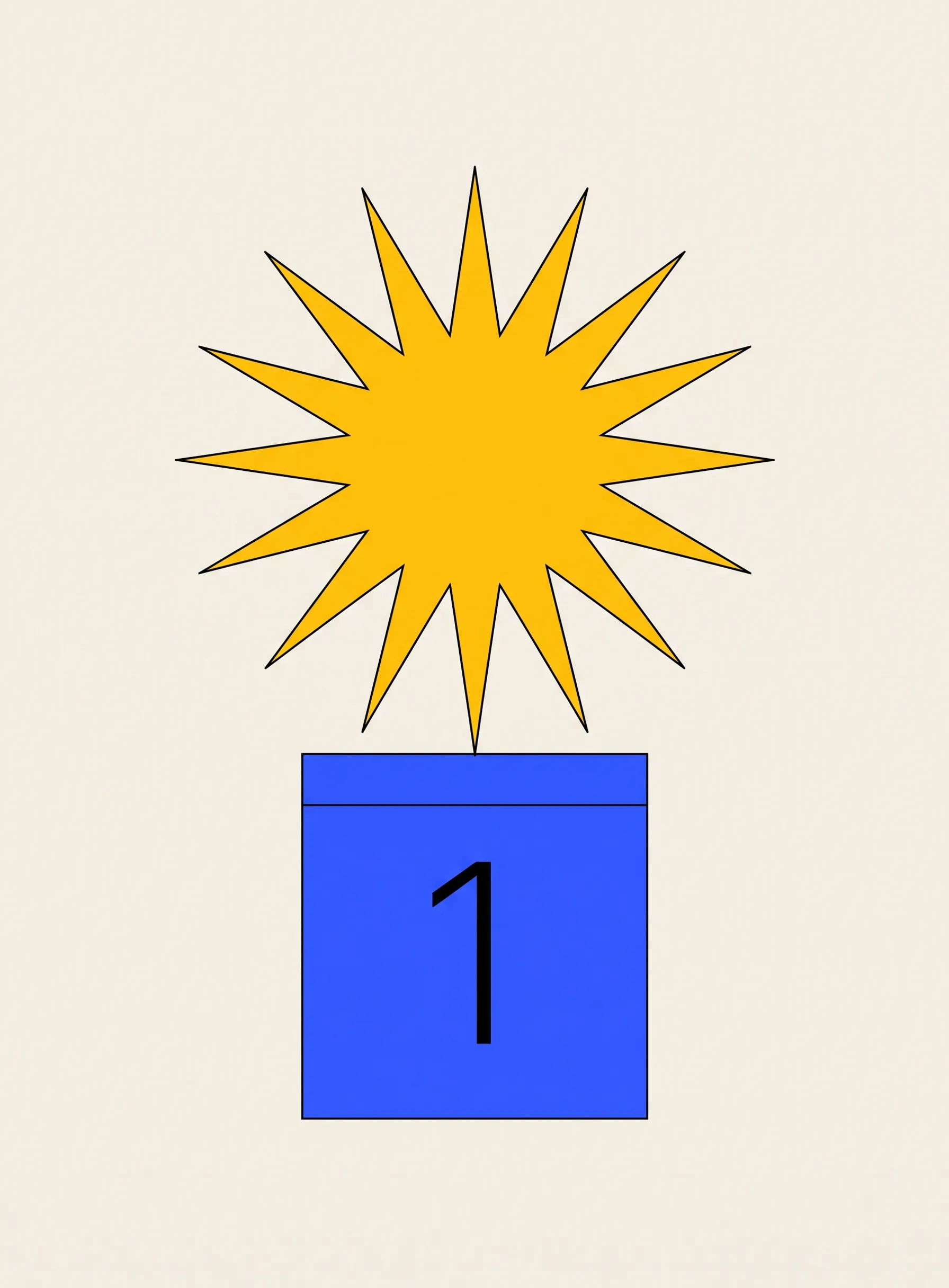 Illustration of a flat yellow starburst above a cobalt blue square calendar page bearing a single large black numeral one