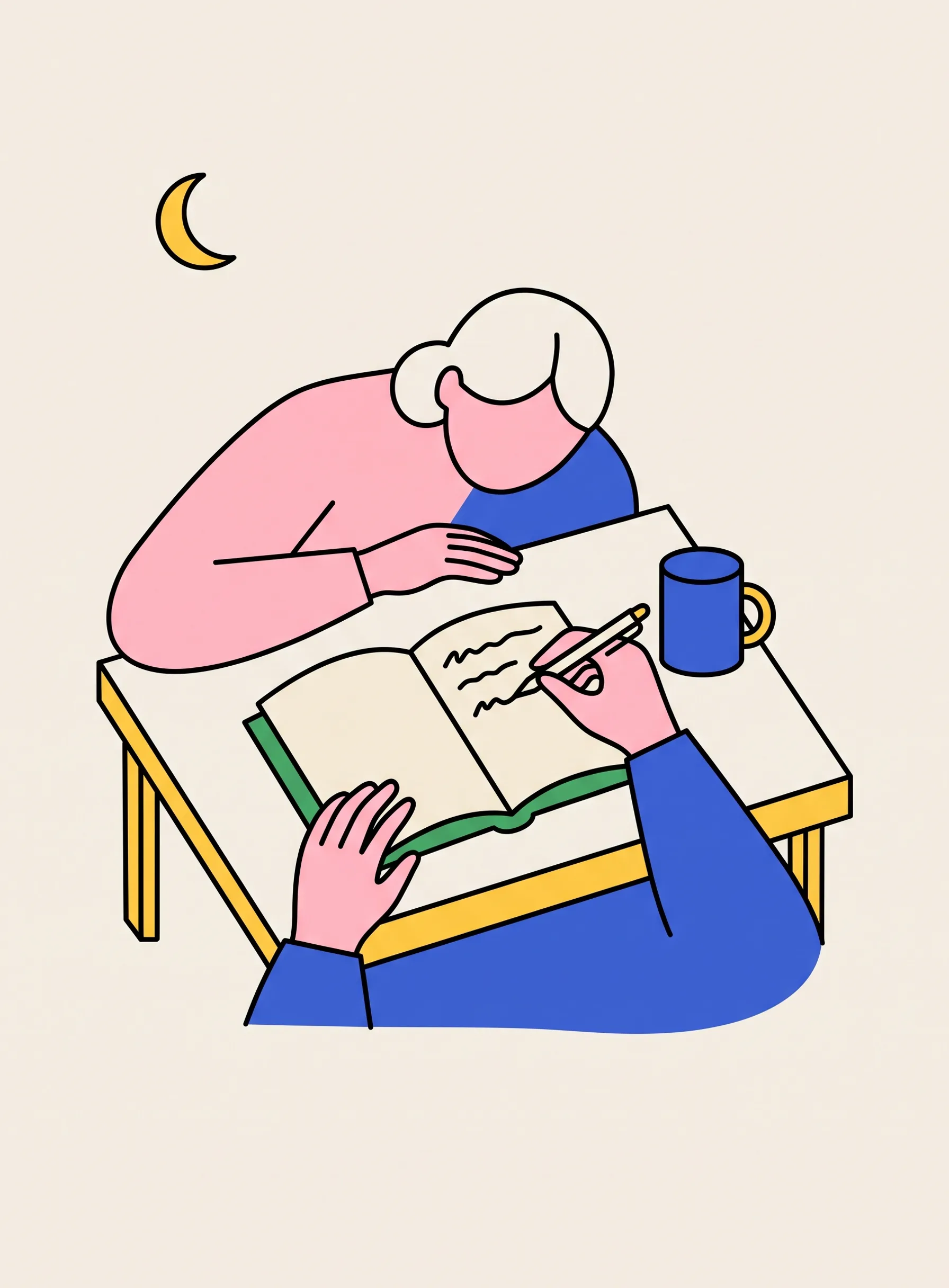 Illustration of a person writing in an open notebook at a small desk, a mug of coffee beside it and a crescent moon in the corner