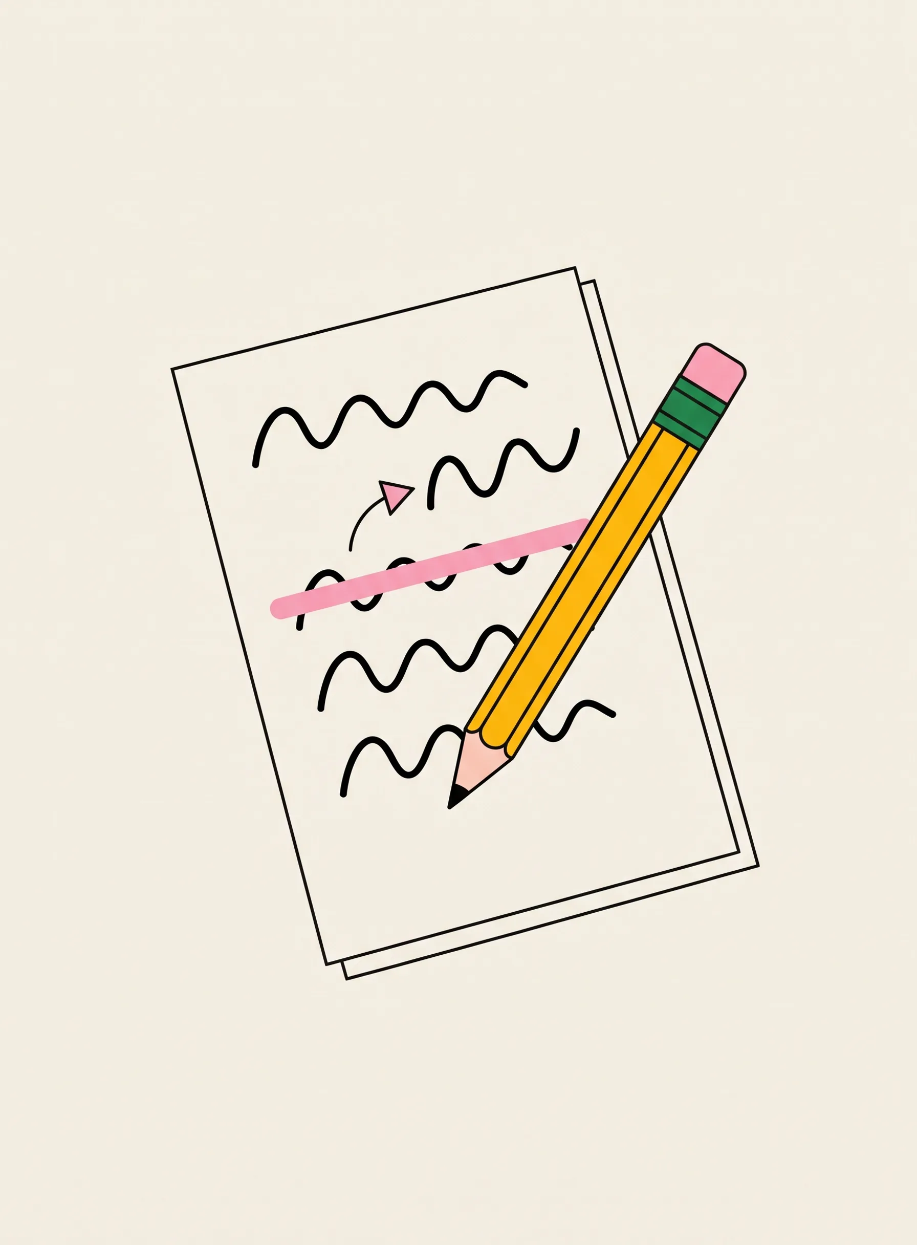 Illustration of a notebook page with a few lines, one crossed out in pink with an arrow pointing to a new line above it, and a pencil lying diagonally across the page