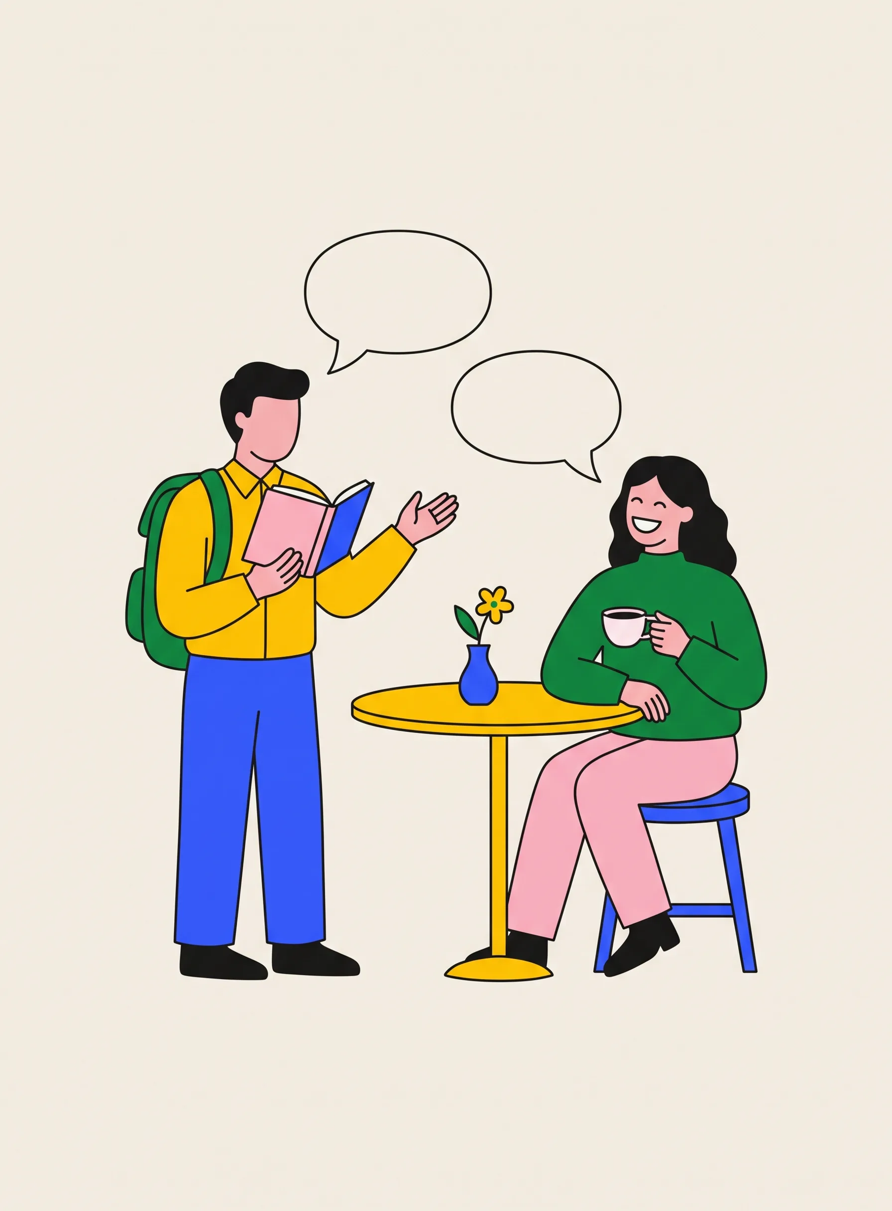 Illustration of a person holding an open notebook and reading aloud to a friend across a small table, the friend smiling with a coffee cup, two empty speech bubbles above them