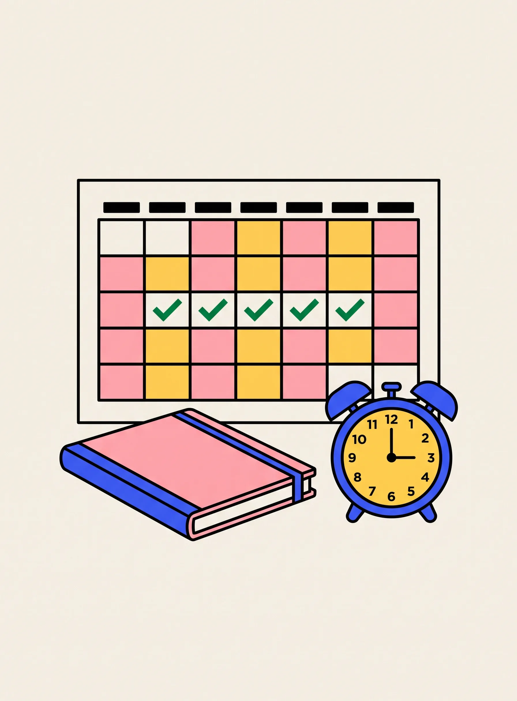 Illustration of a wall calendar with a row of green check marks across a week, a small closed notebook and an alarm clock standing in front of it