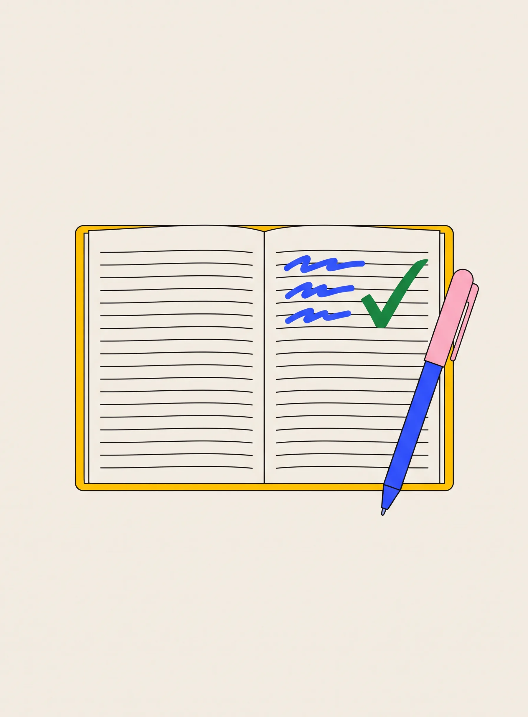 Illustration of an open lined notebook with three short pen strokes on the page, a large green check mark beside them and a pen resting on the edge