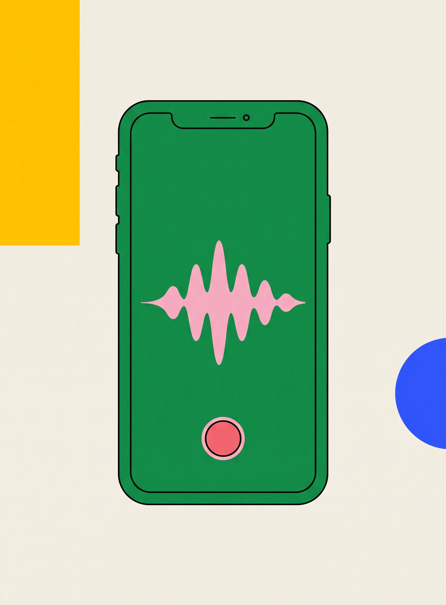 まっすぐ立った大きな緑色のスマートフォンに、やわらかなピンクの音声波形と丸い録音ボタンが表示されているイラスト