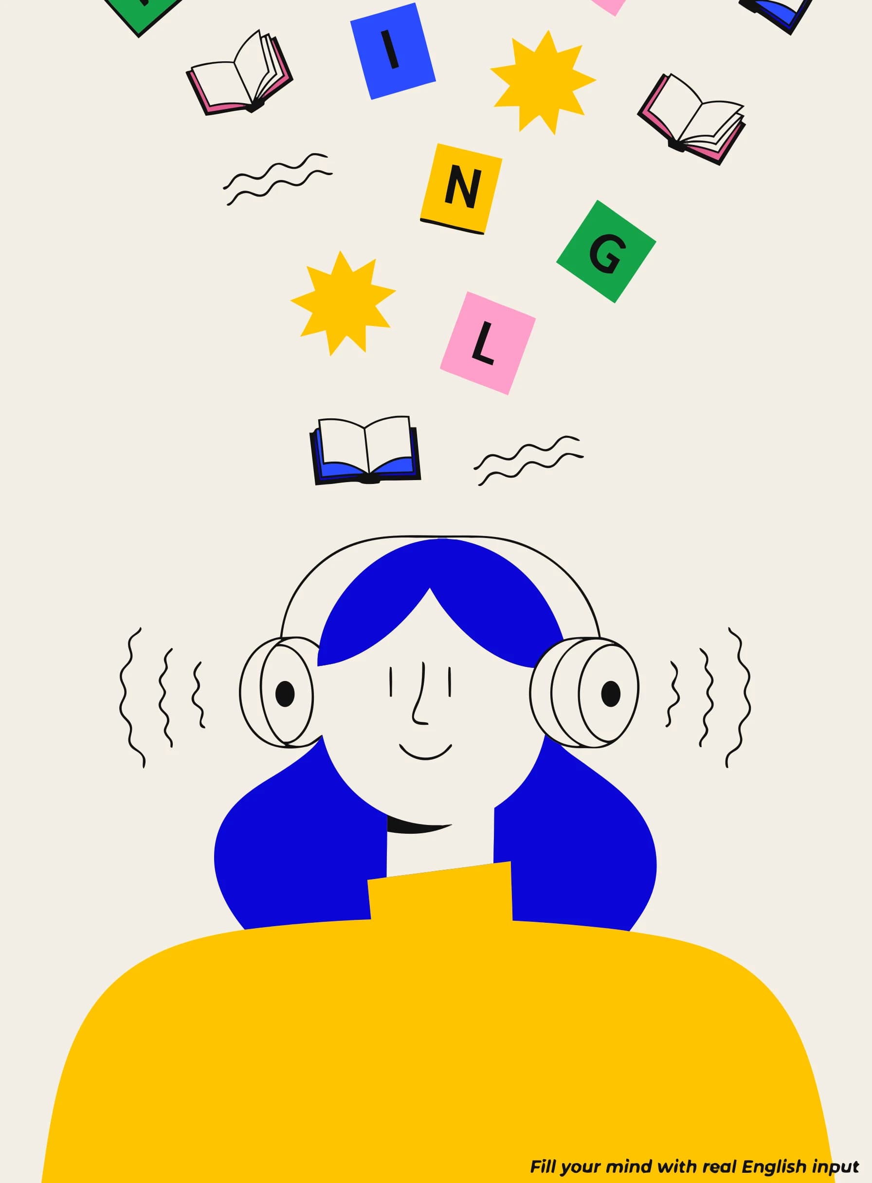 Ilustración de una persona con auriculares y fichas de palabras y libros entrando en su cabeza