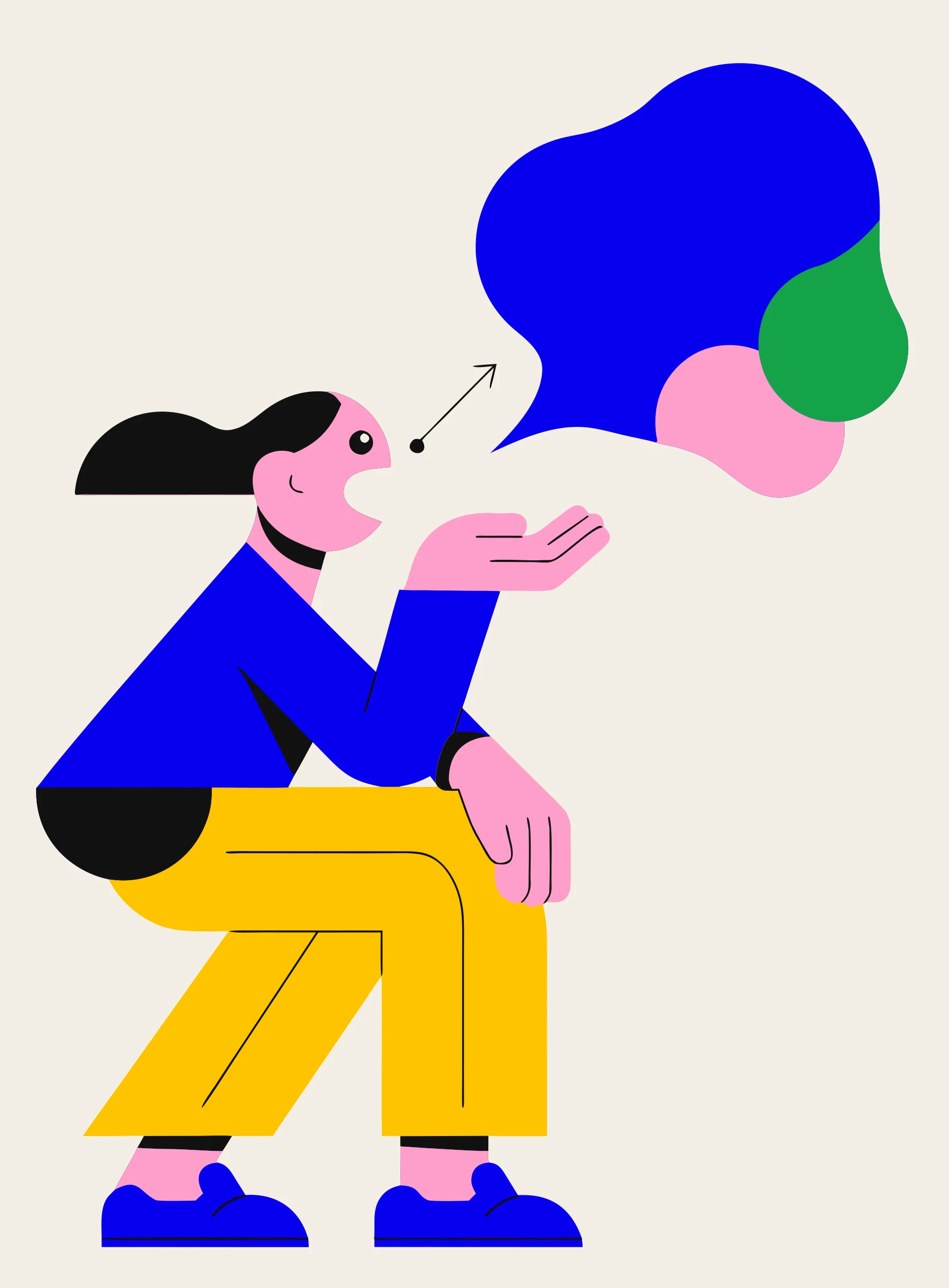 Ilustración de una persona abriendo la boca para hablar, con una flecha que va de su cabeza a un bocadillo brillante