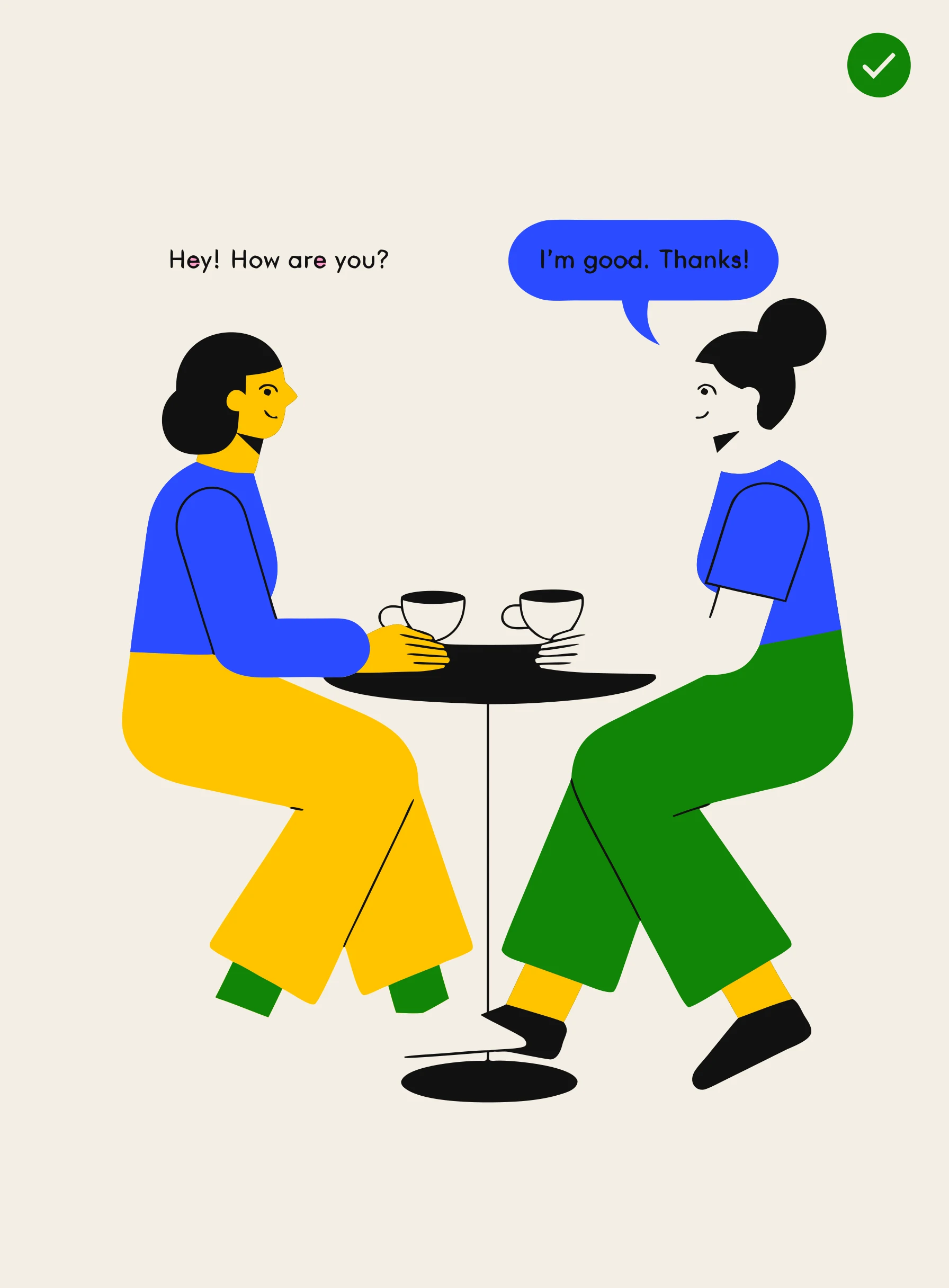 Ilustración de dos personas practicando conversación con un café, con bocadillos en inglés y una marca de verificación verde