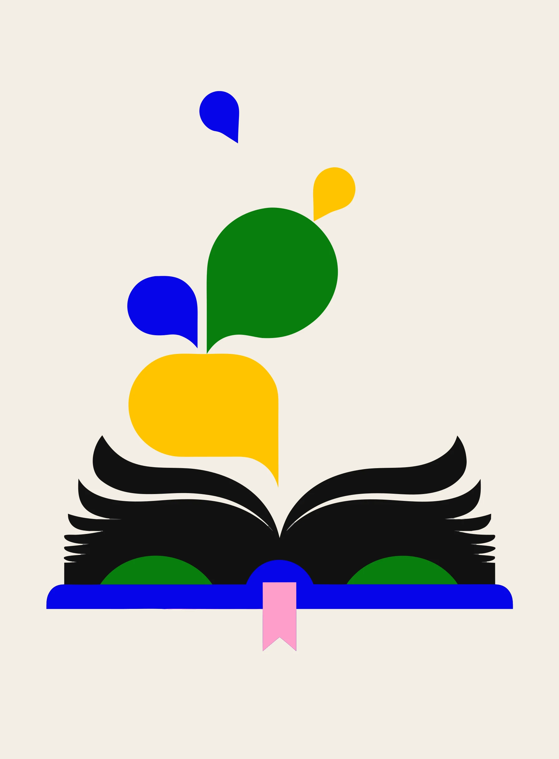 一本翻开的短语手册,五彩缤纷的对话气泡从书页间升起的插画