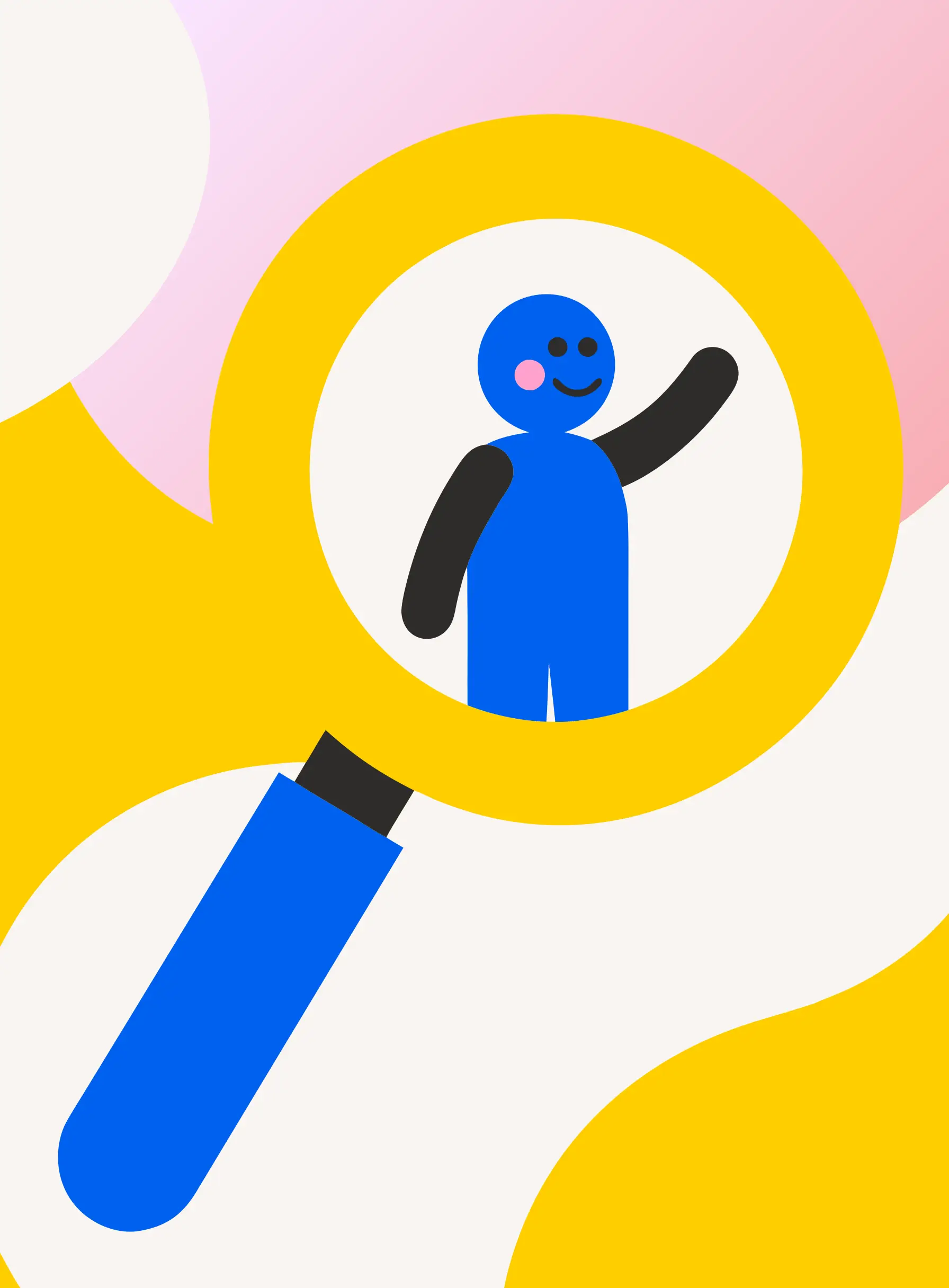 虫めがね越しに人物を見つける、ぴったりの会話パートナー探しを表したイラスト