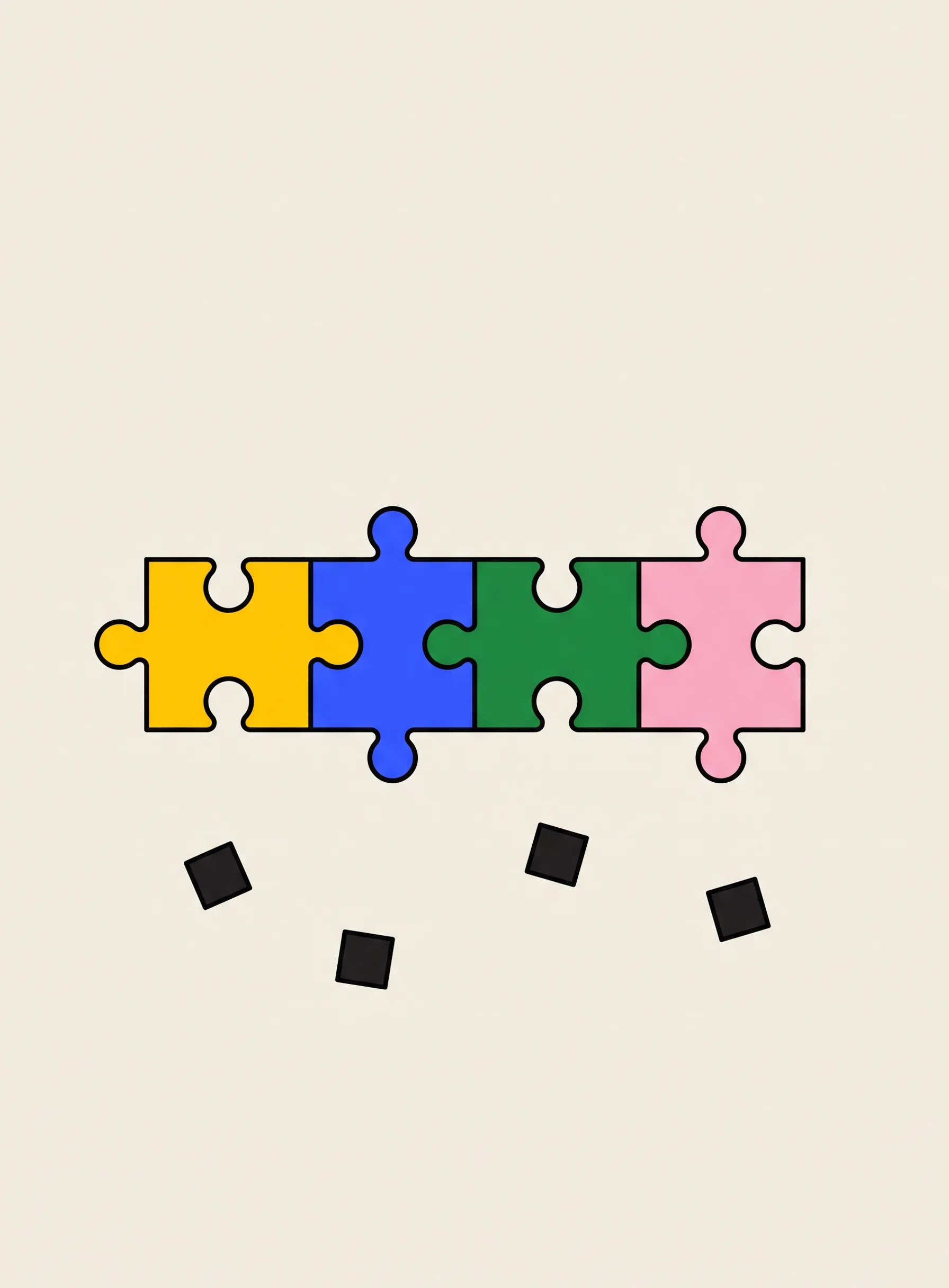 Illustration of four chunky jigsaw pieces in yellow, cobalt blue, green and pink locked into a single horizontal bar, with five small separate black tiles scattered below