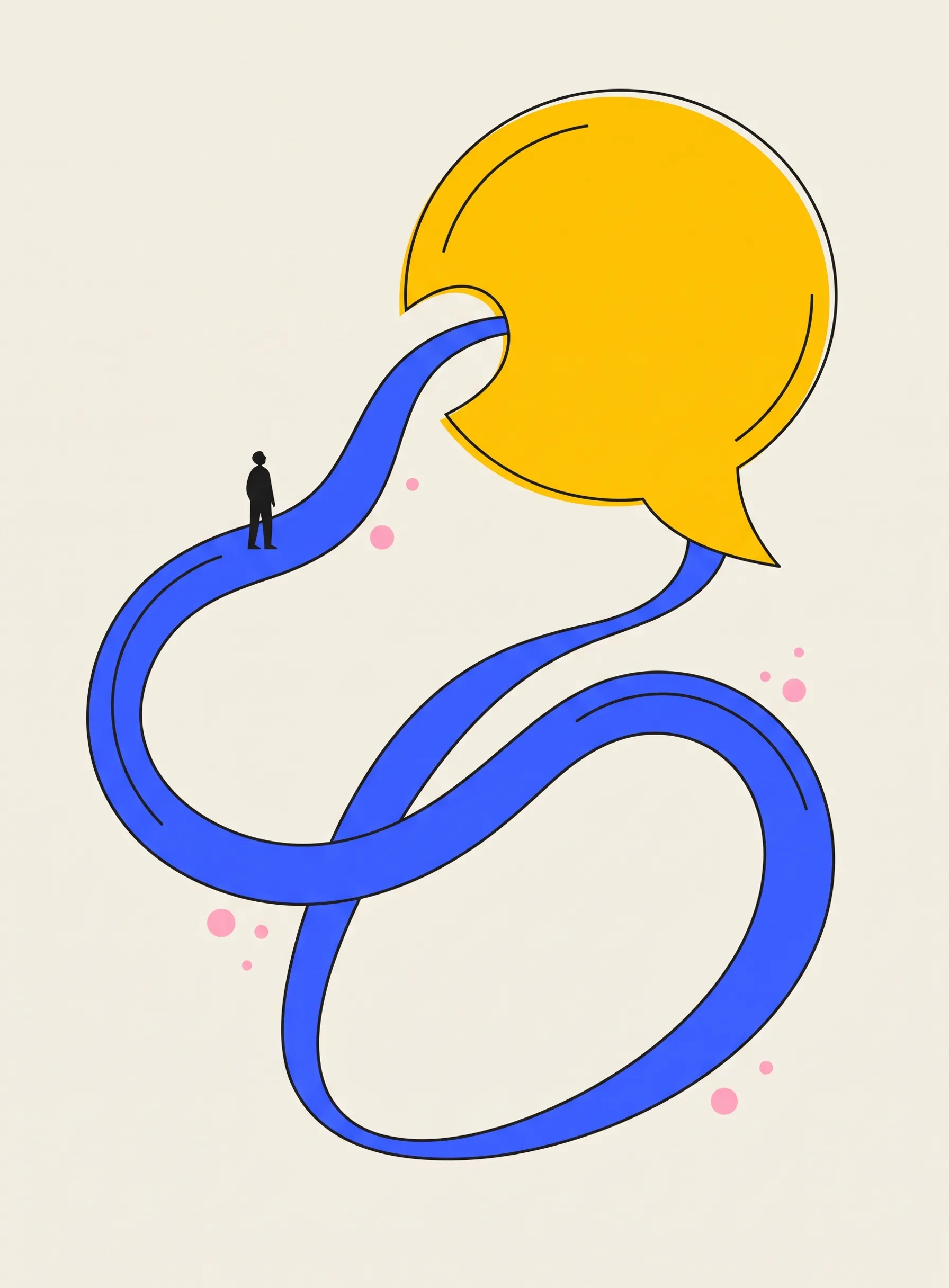 Illustration of a long cobalt blue ribbon looping in one unbroken curve out of a yellow speech bubble, with a tiny black figure standing on the ribbon